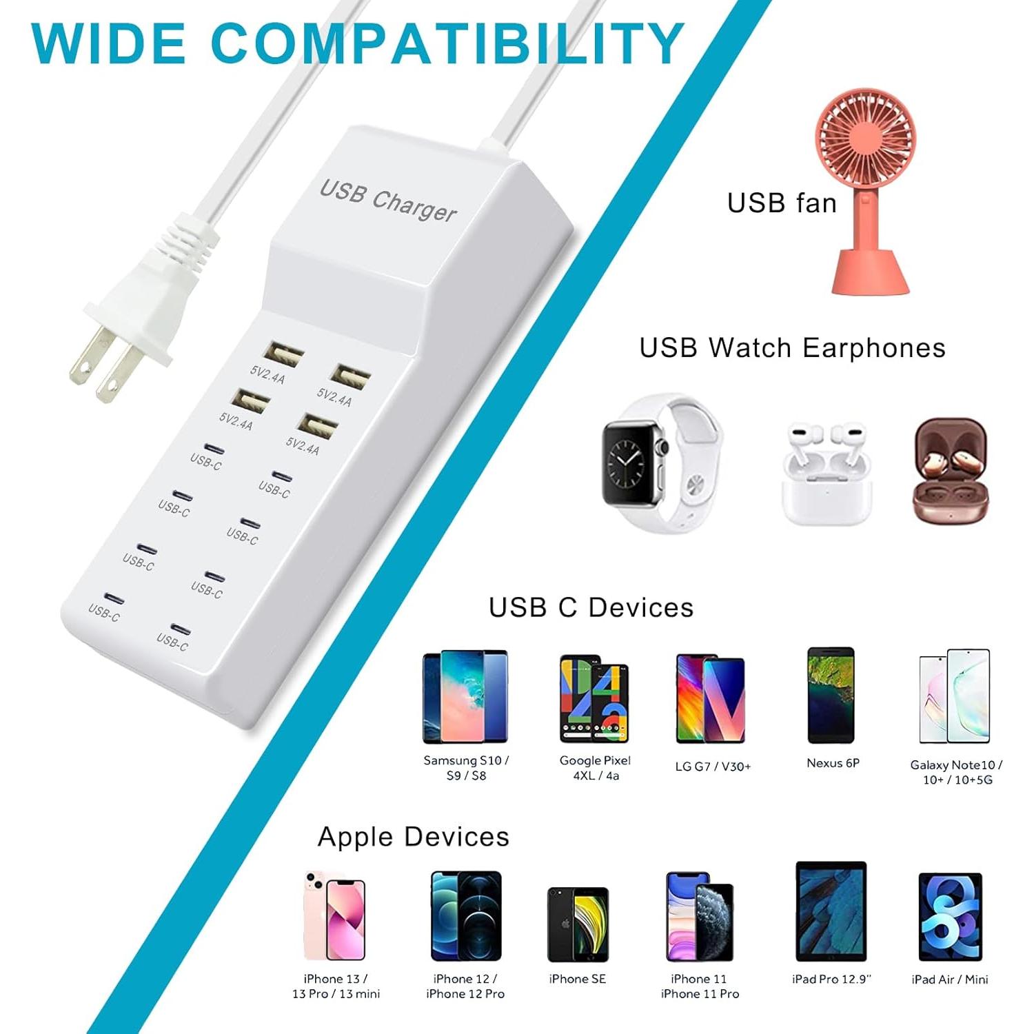 Cargador USB 12 Puertos - 4 USB-A y 8 USB-C Blanco