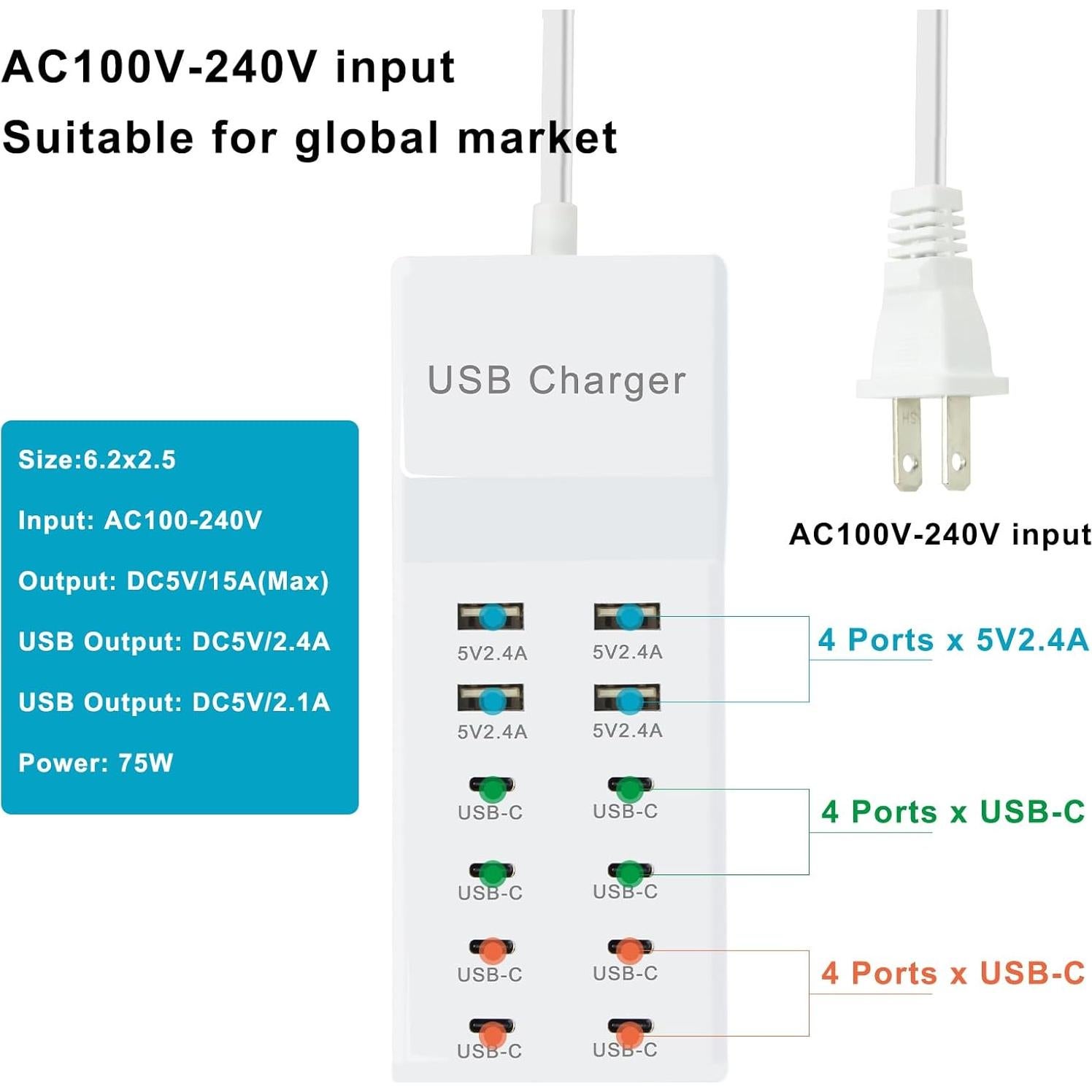 Cargador USB 12 Puertos - 4 USB-A y 8 USB-C Blanco