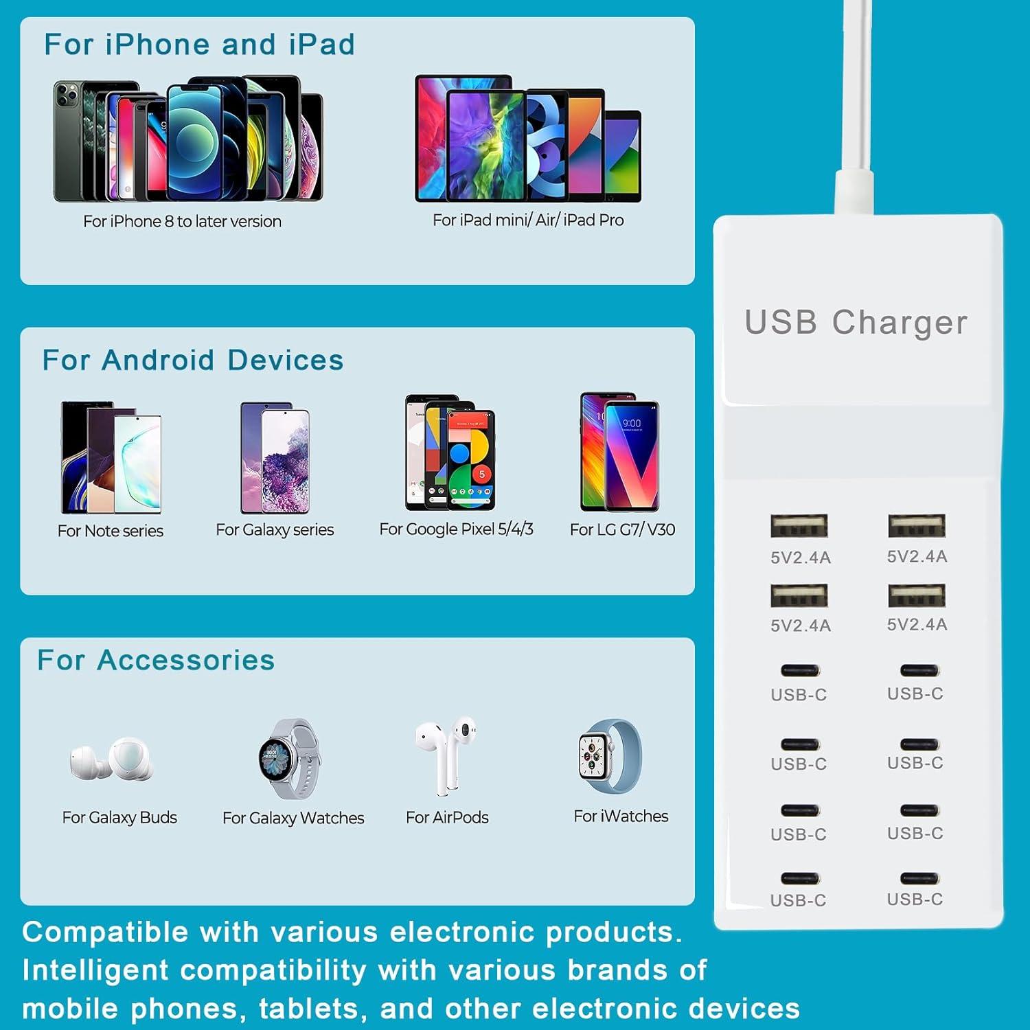 Cargador USB 12 Puertos - 4 USB-A y 8 USB-C Blanco
