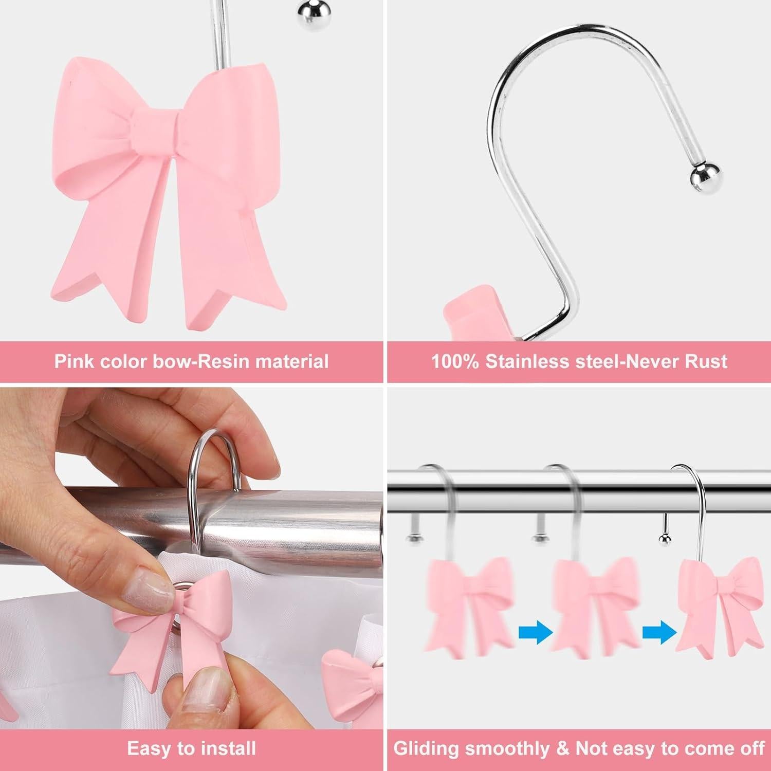 Ganchos de Cortina de Ducha Rosa YanKiTour - 12 Piezas Acero Inoxidable