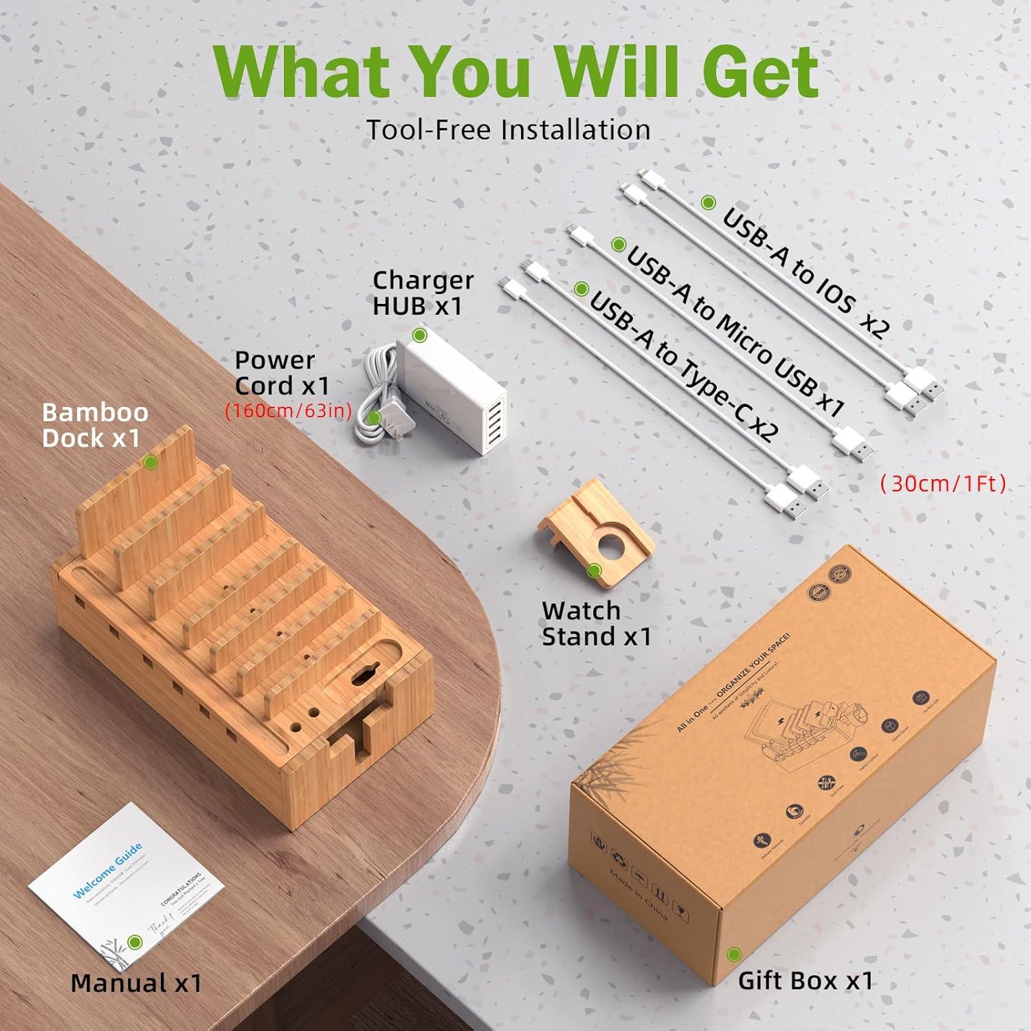 Estación de Carga de Bambú Pezin & Hulin 5 Puertos y Soporte