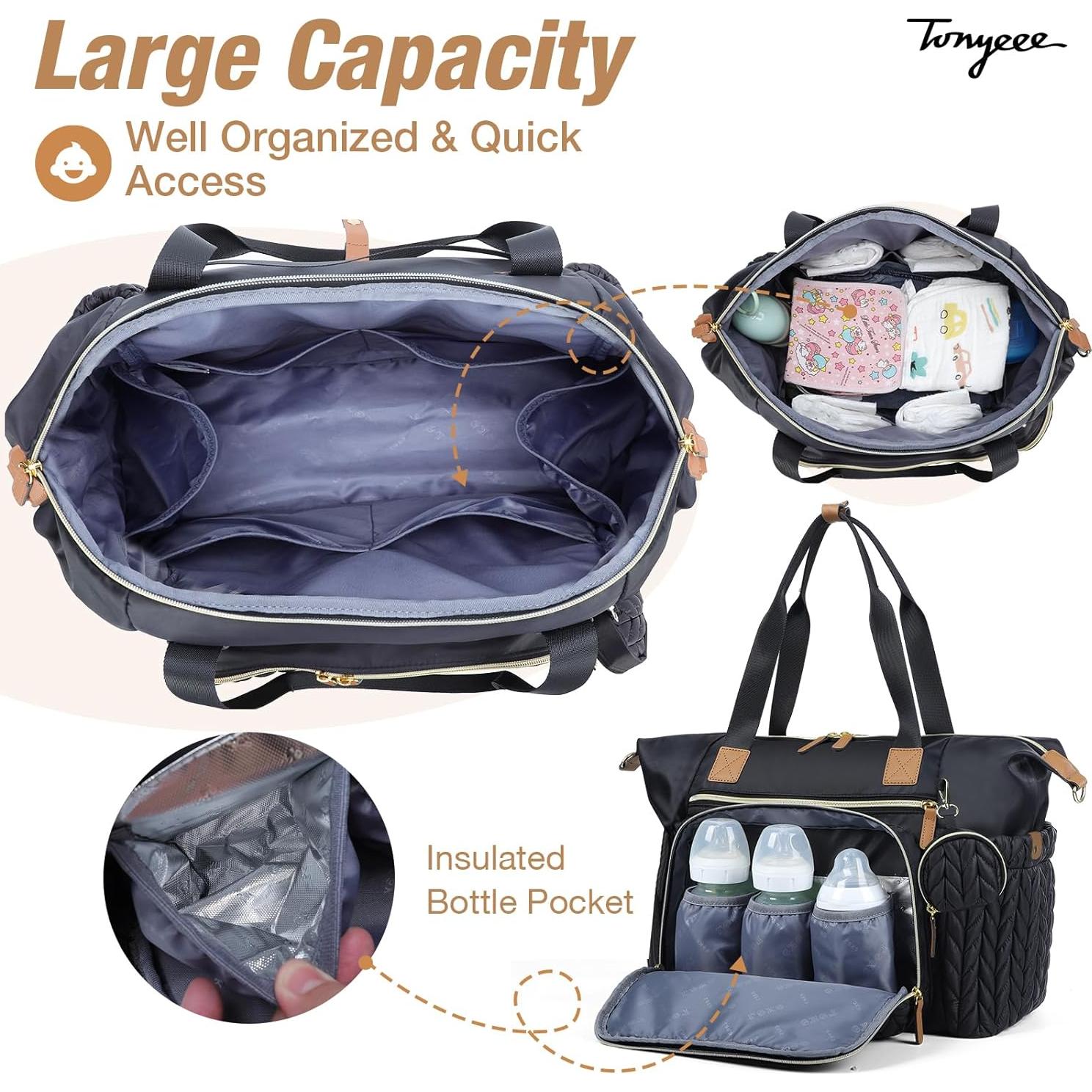 Bolsa de Pañales Tonyeee Grande Impermeable Negra con Cambiador