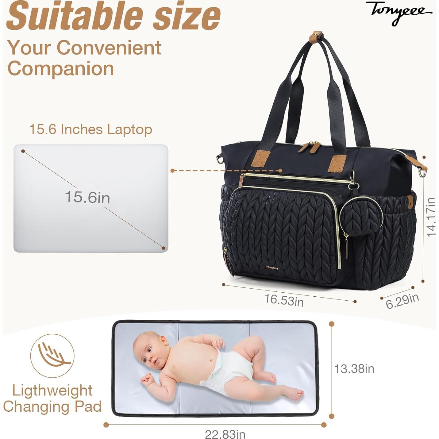 Bolsa de Pañales Tonyeee Grande Impermeable Negra con Cambiador