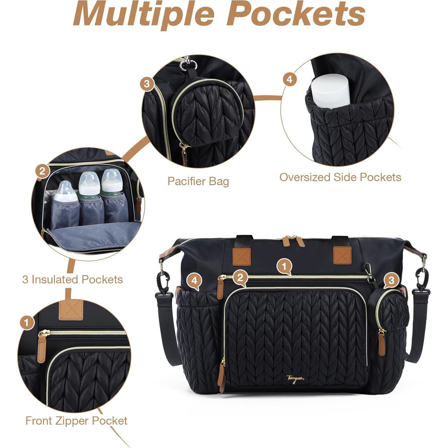 Bolsa de Pañales Tonyeee Grande Impermeable Negra con Cambiador