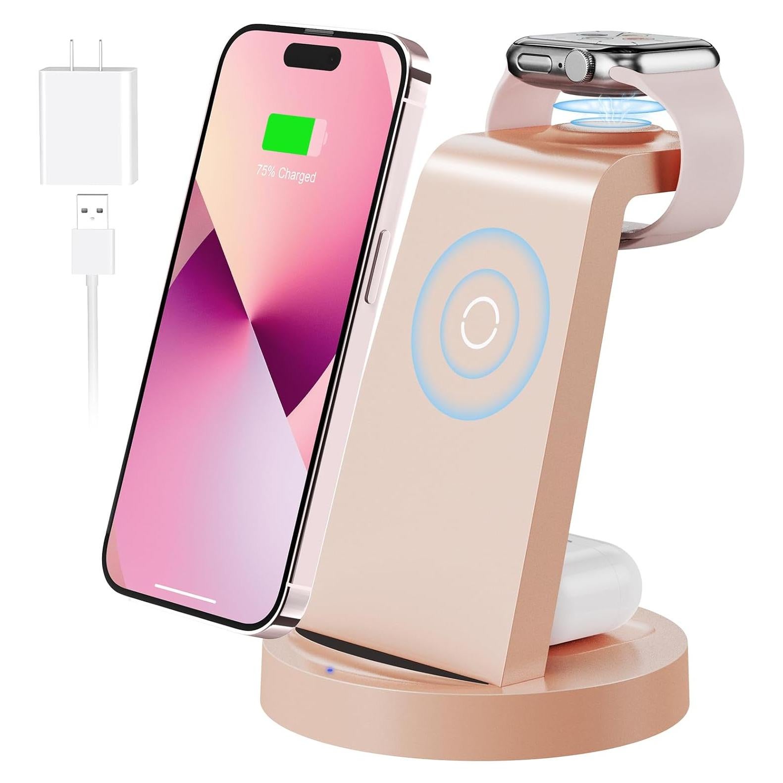 Estación de Carga 3 en 1 REDKJY para iPhone y Apple Watch Rosa