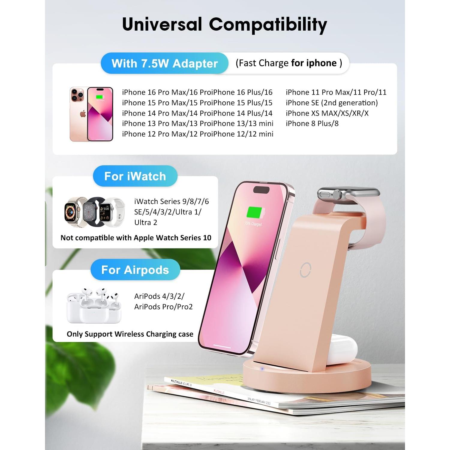 Estación de Carga 3 en 1 REDKJY para iPhone y Apple Watch Rosa