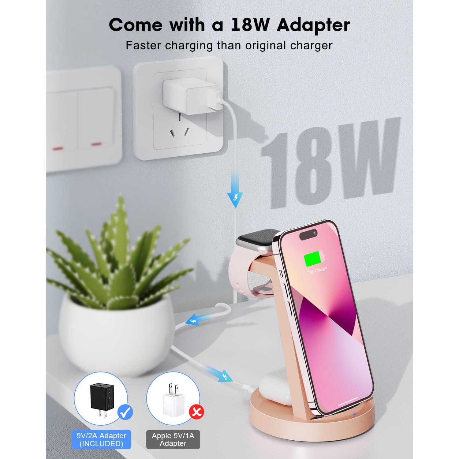 Estación de Carga 3 en 1 REDKJY para iPhone y Apple Watch Rosa