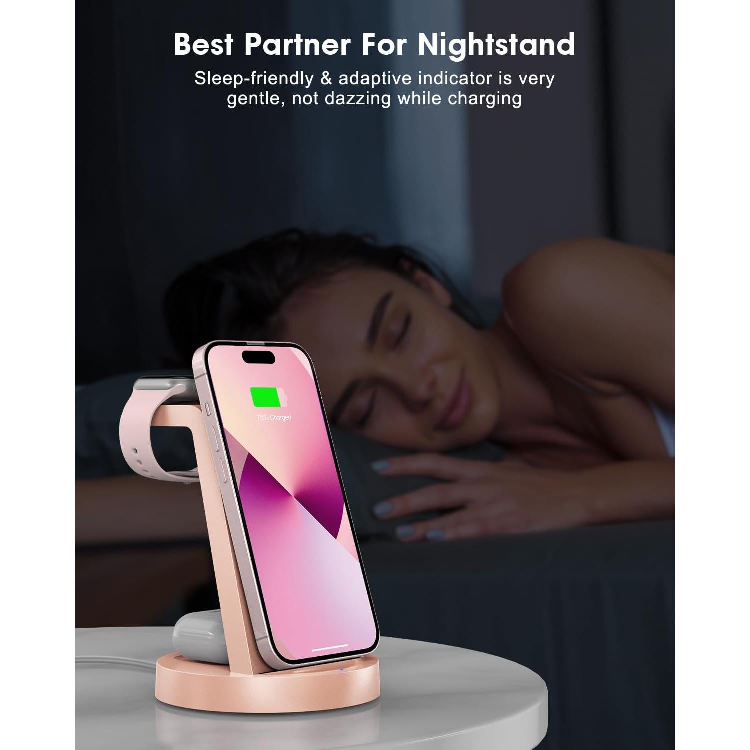 Estación de Carga 3 en 1 REDKJY para iPhone y Apple Watch Rosa