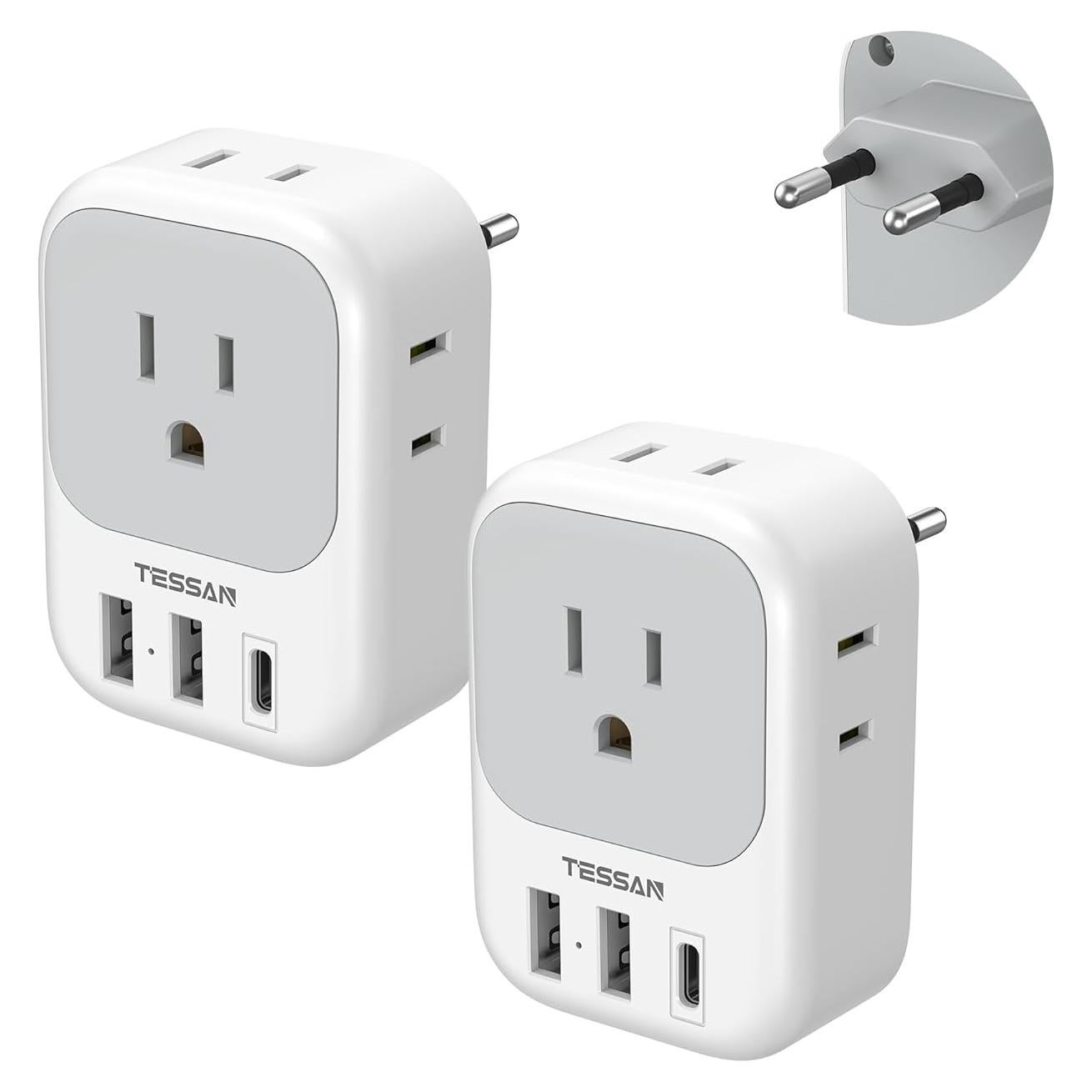 Adaptador de Enchufe Europeo TESSAN 2 Pack USB C 7 en 1