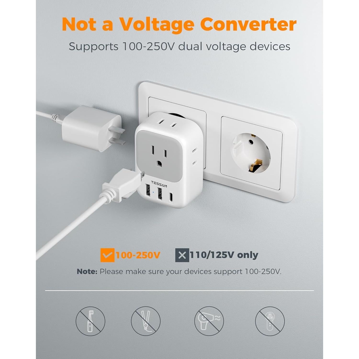 Adaptador de Enchufe Europeo TESSAN 2 Pack USB C 7 en 1