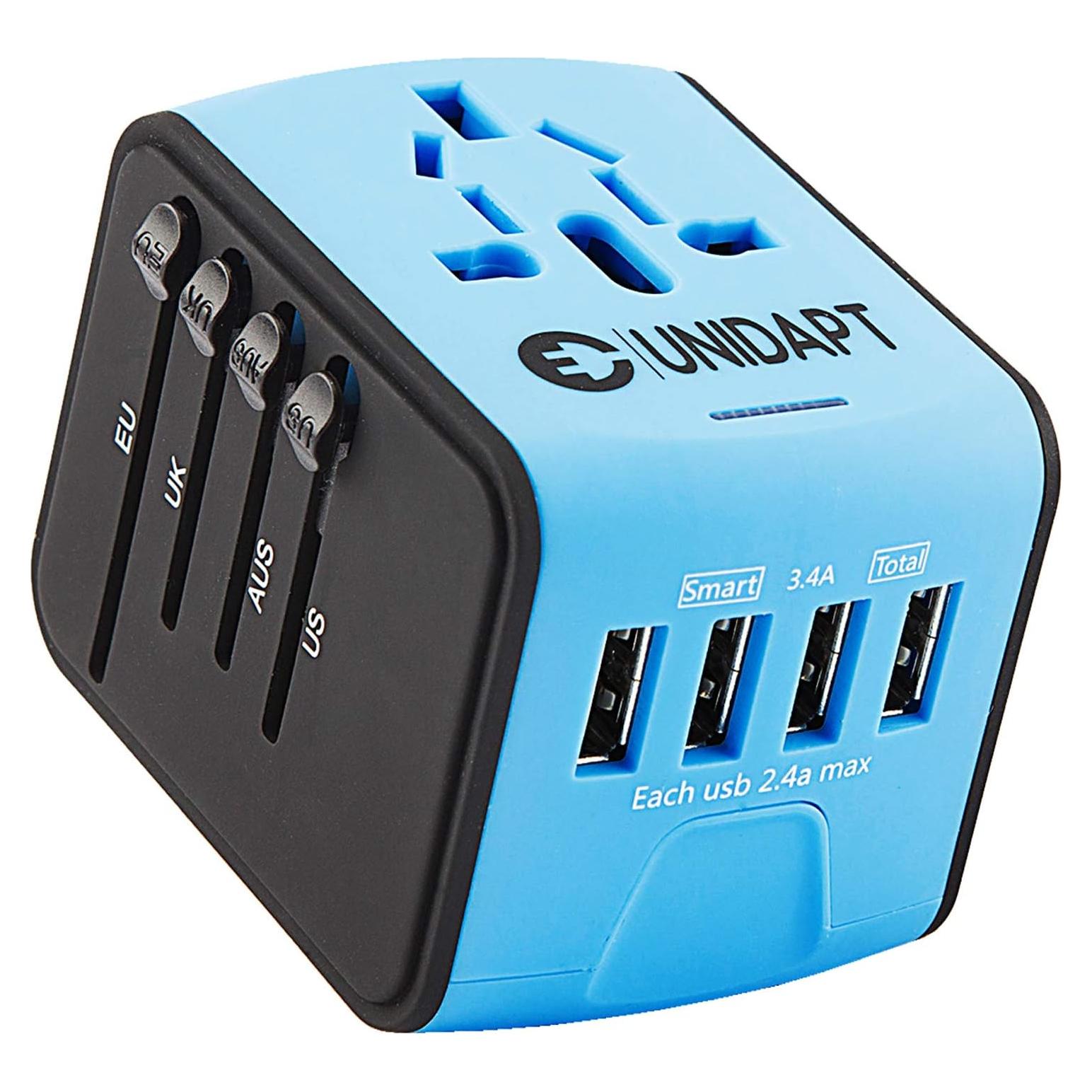 Adaptador de Viaje Universal Unidapt 4 USB 2.4A Azul