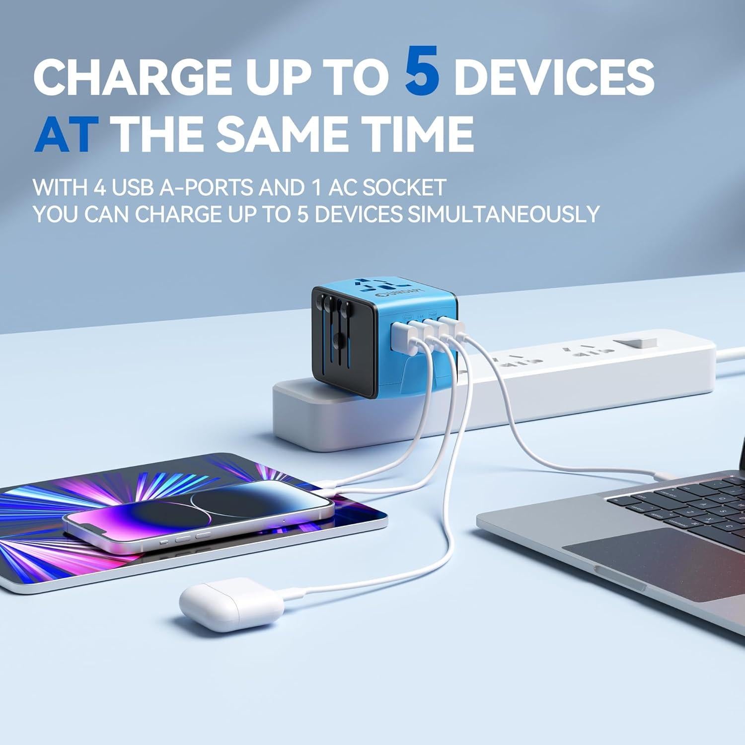 Adaptador de Viaje Universal Unidapt 4 USB 2.4A Azul