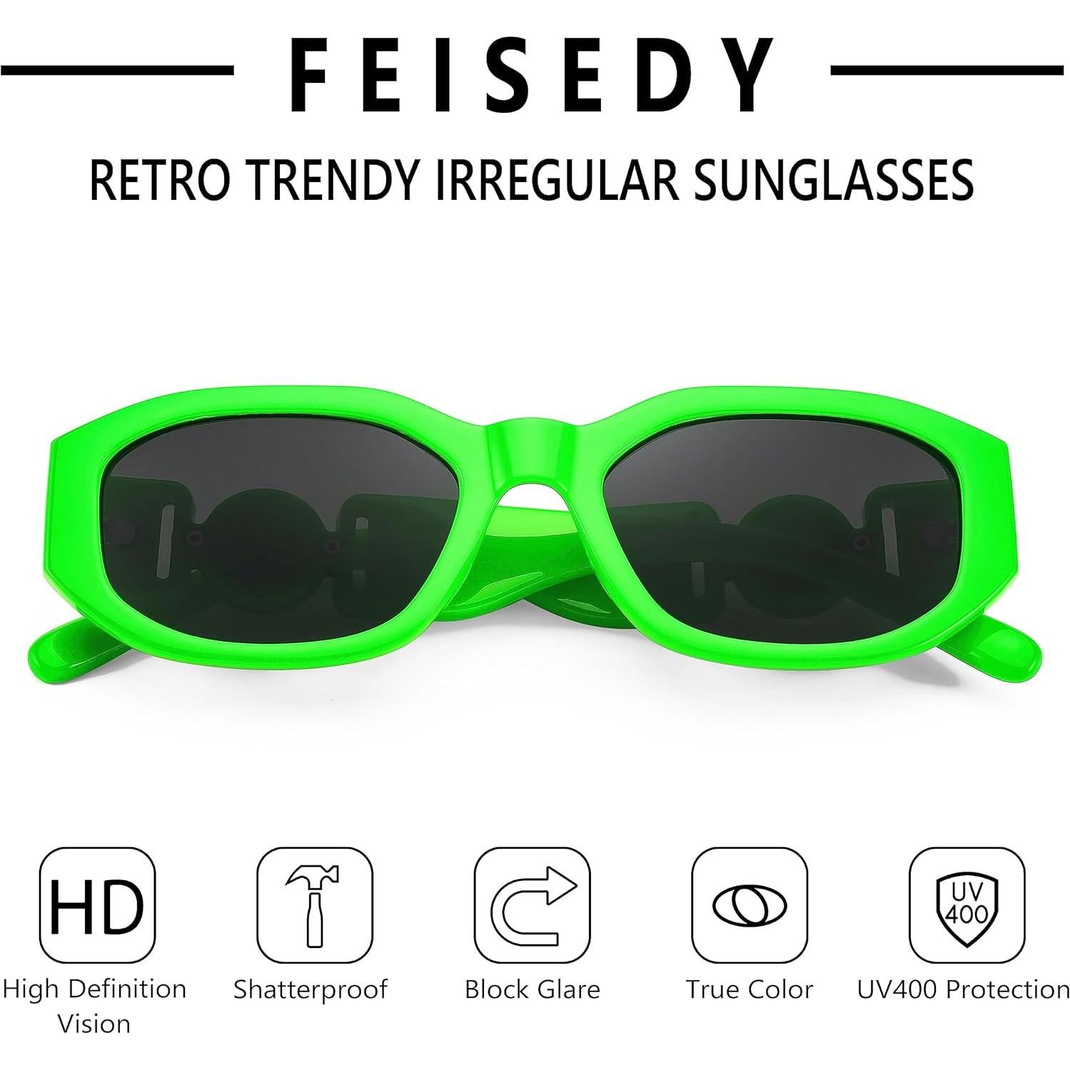 Gafas de Sol Retro FEISEDY 54mm Marco Verde Fluorescente