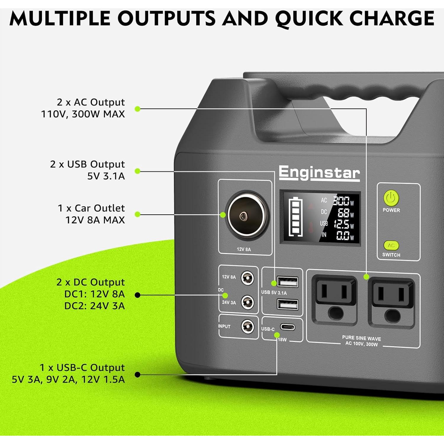 Generador Solar EnginStar R300 296Wh 300W Portátil Verde