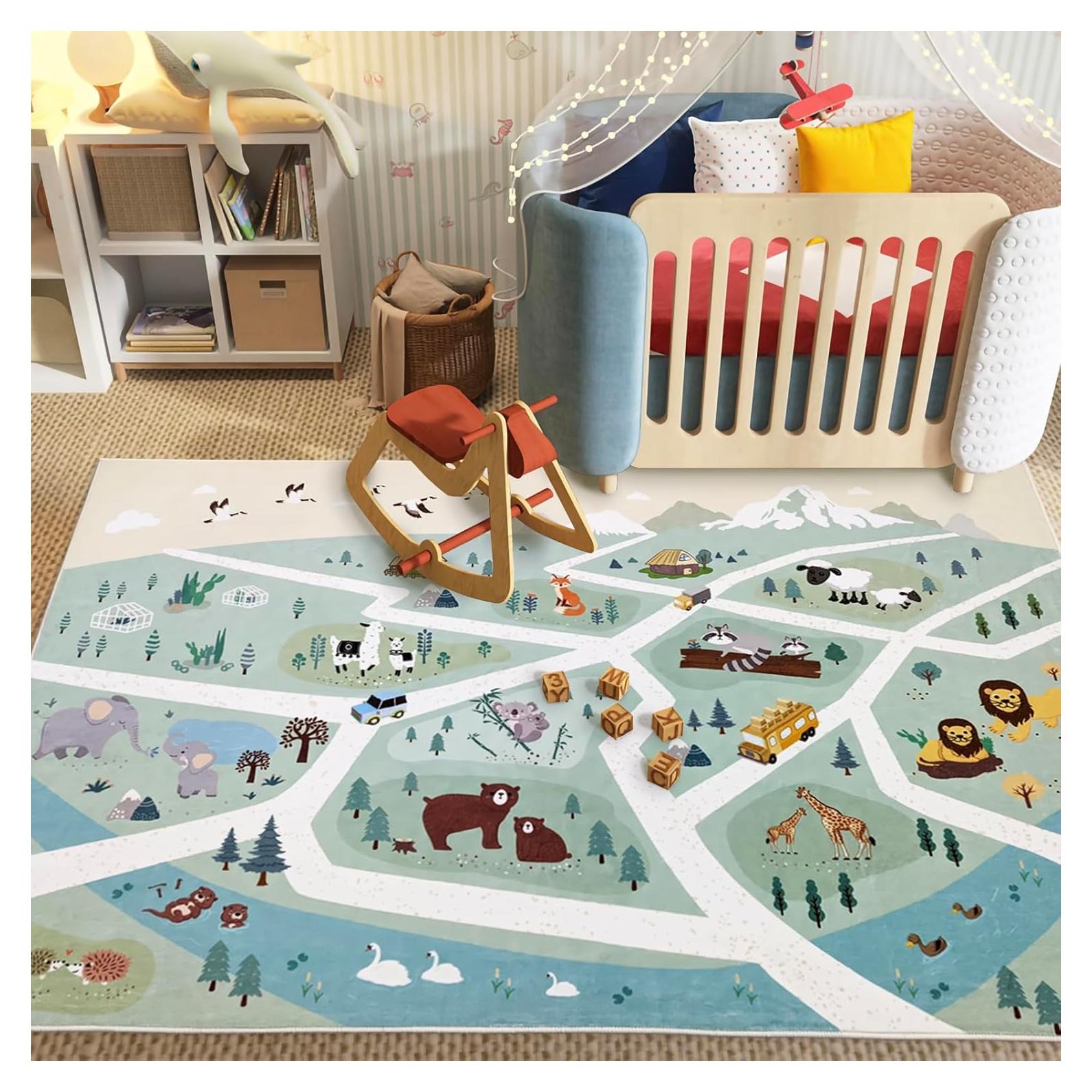 Alfombra de Juego Lacomfy 120x180cm Animales Verde Antideslizante