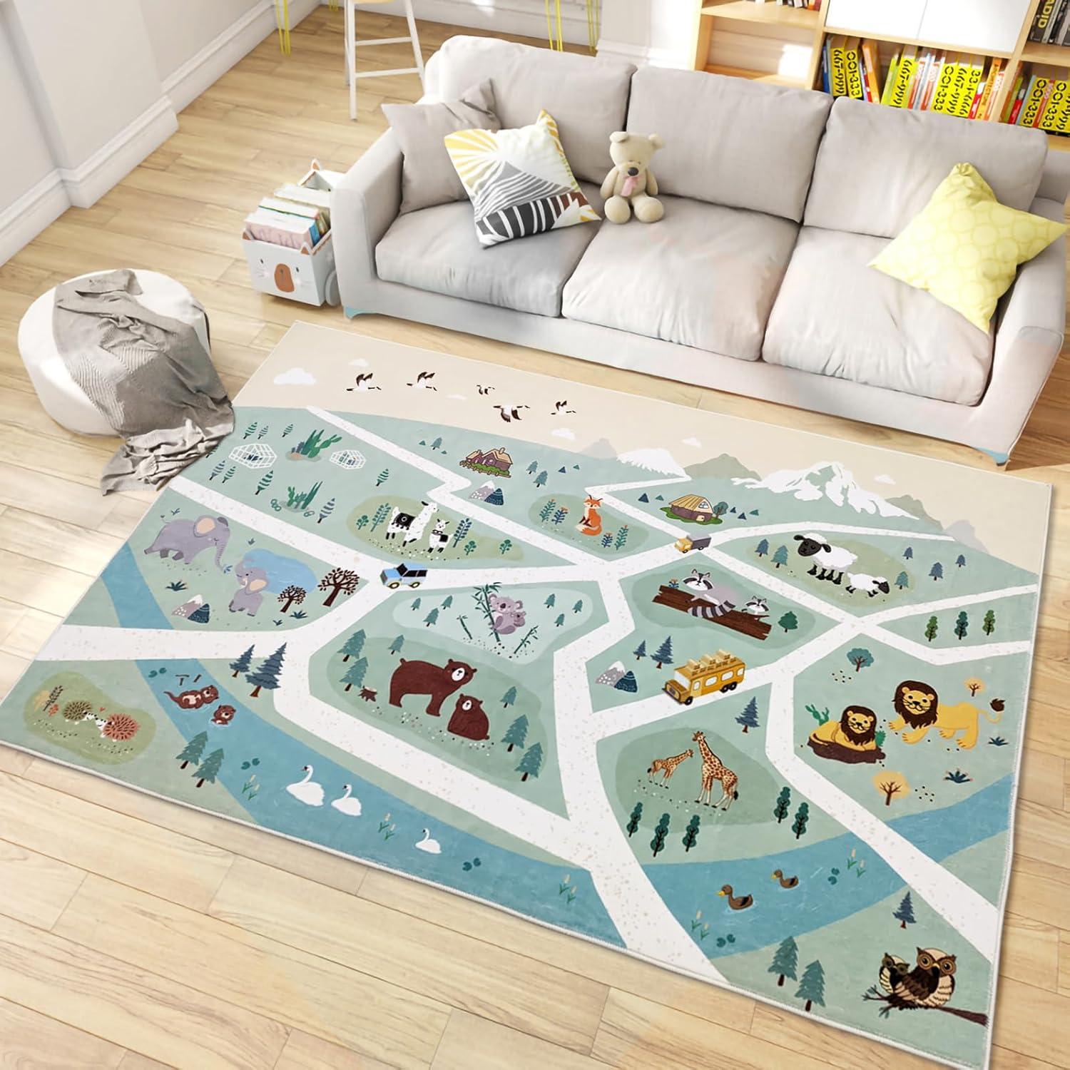 Alfombra de Juego Lacomfy 120x180cm Animales Verde Antideslizante