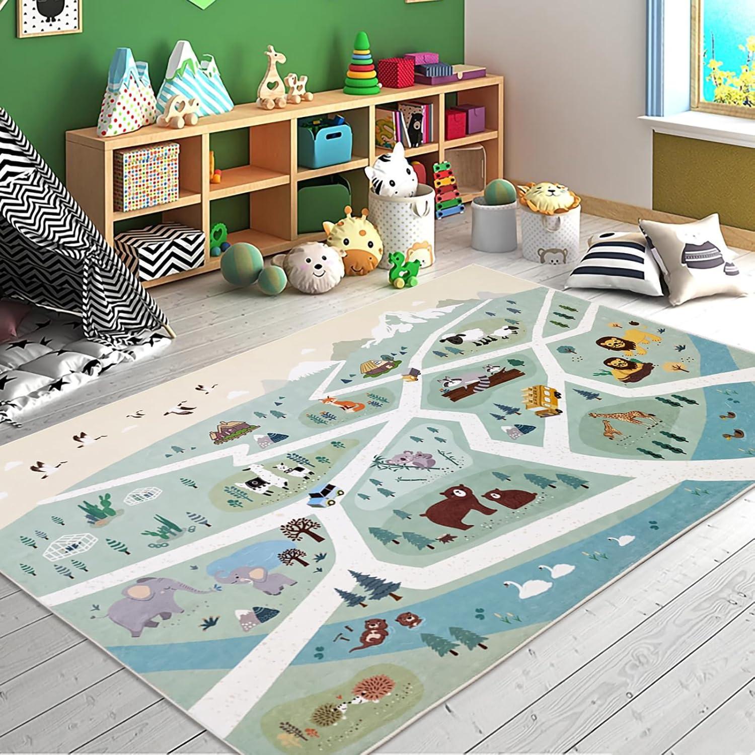 Alfombra de Juego Lacomfy 120x180cm Animales Verde Antideslizante
