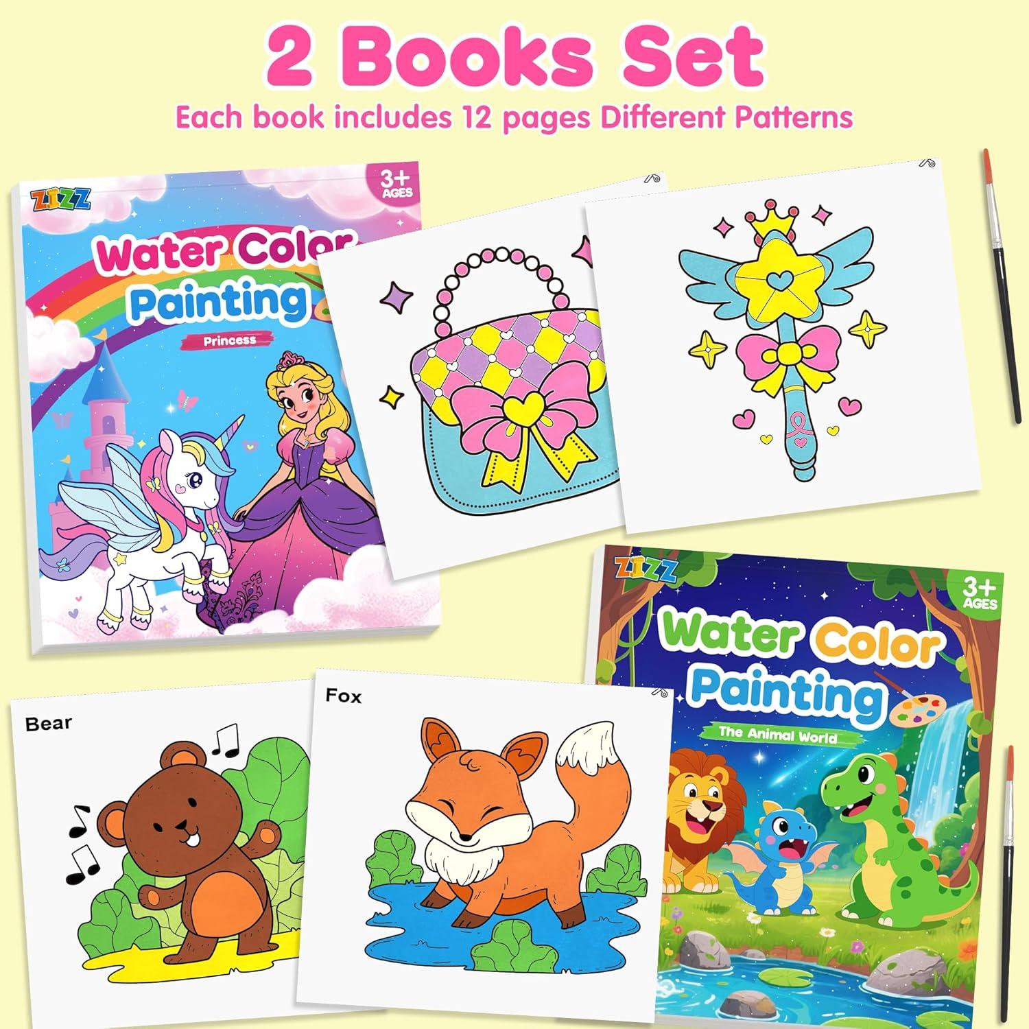 Kit de Pintura Acuarela ZIZZ para Niños 3-8 Años - 2 Libros