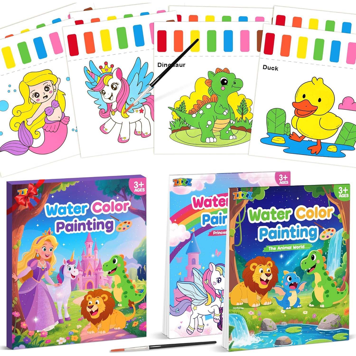 Kit de Pintura Acuarela ZIZZ para Niños 3-8 Años - 2 Libros