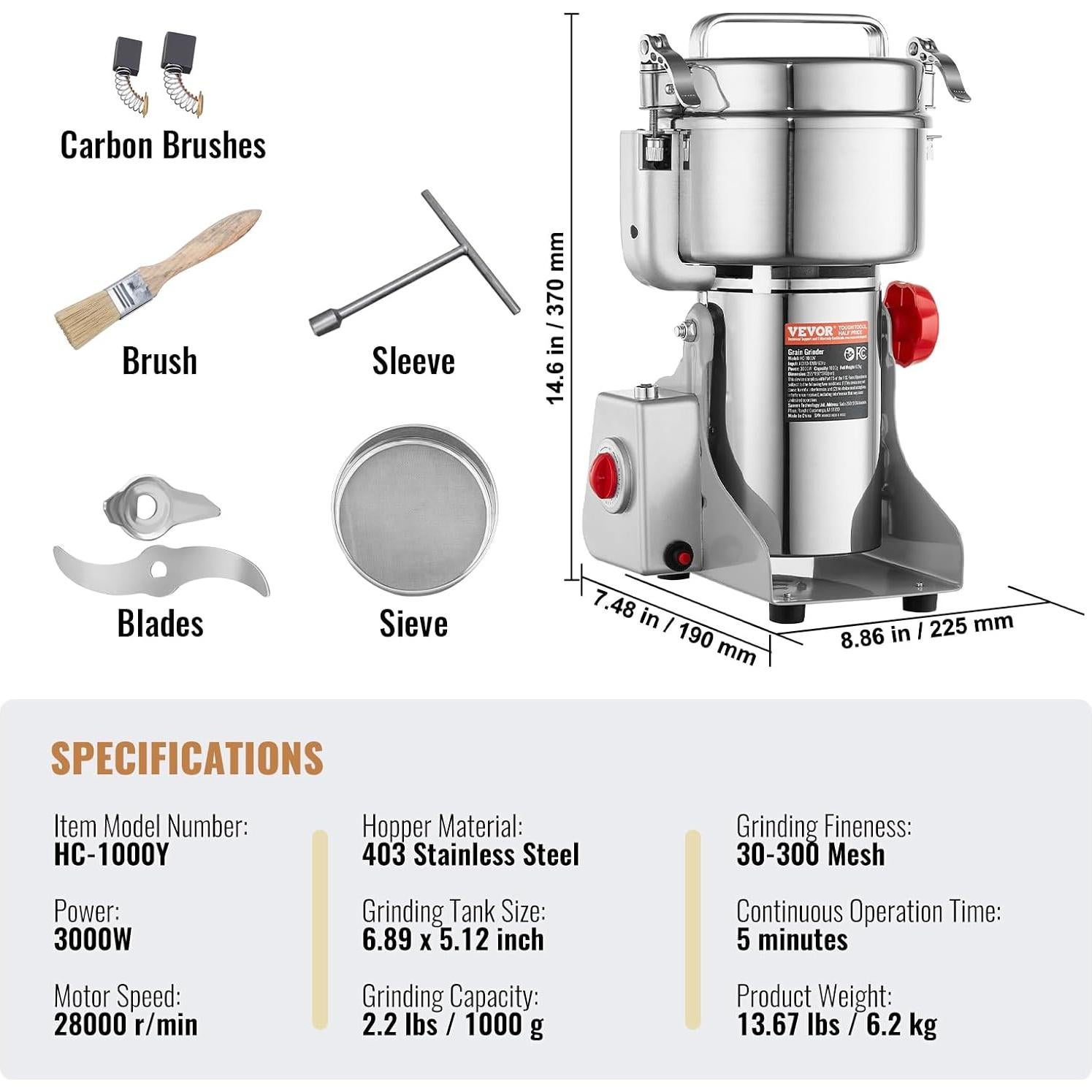 Molinillo de Granos Eléctrico VEVOR 1000g 3000W Acero Inoxidable