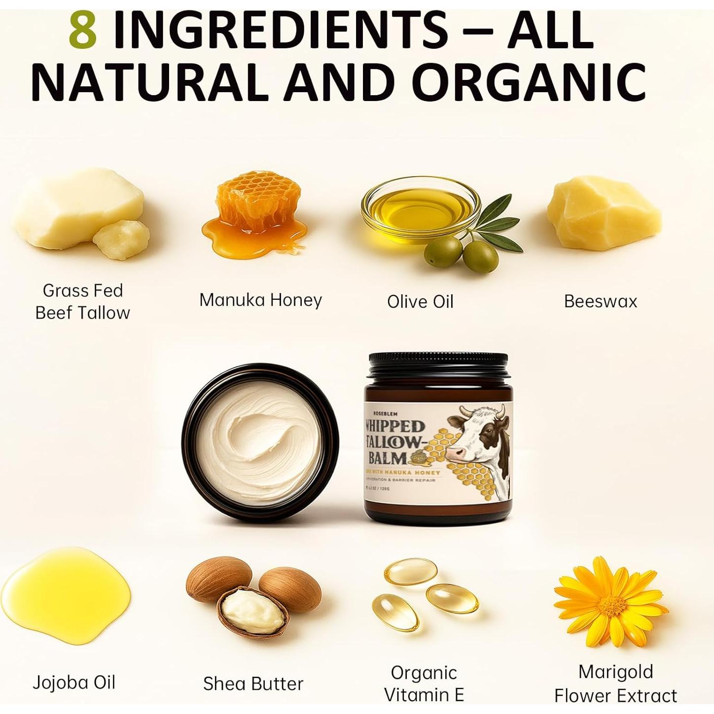 Bálsamo de Sebo de Res Orgánico Roseblem 119 g - Hidratante Facial y Corporal