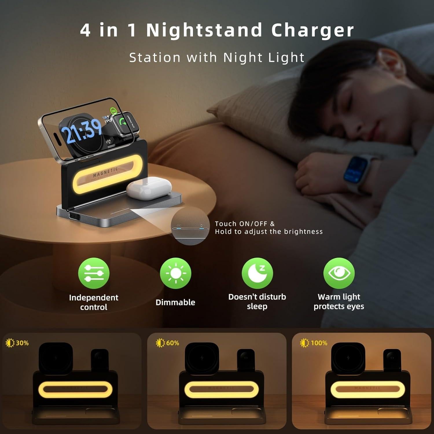 Estación de Carga Inalámbrica 4 en 1 Solocarboy con Luz