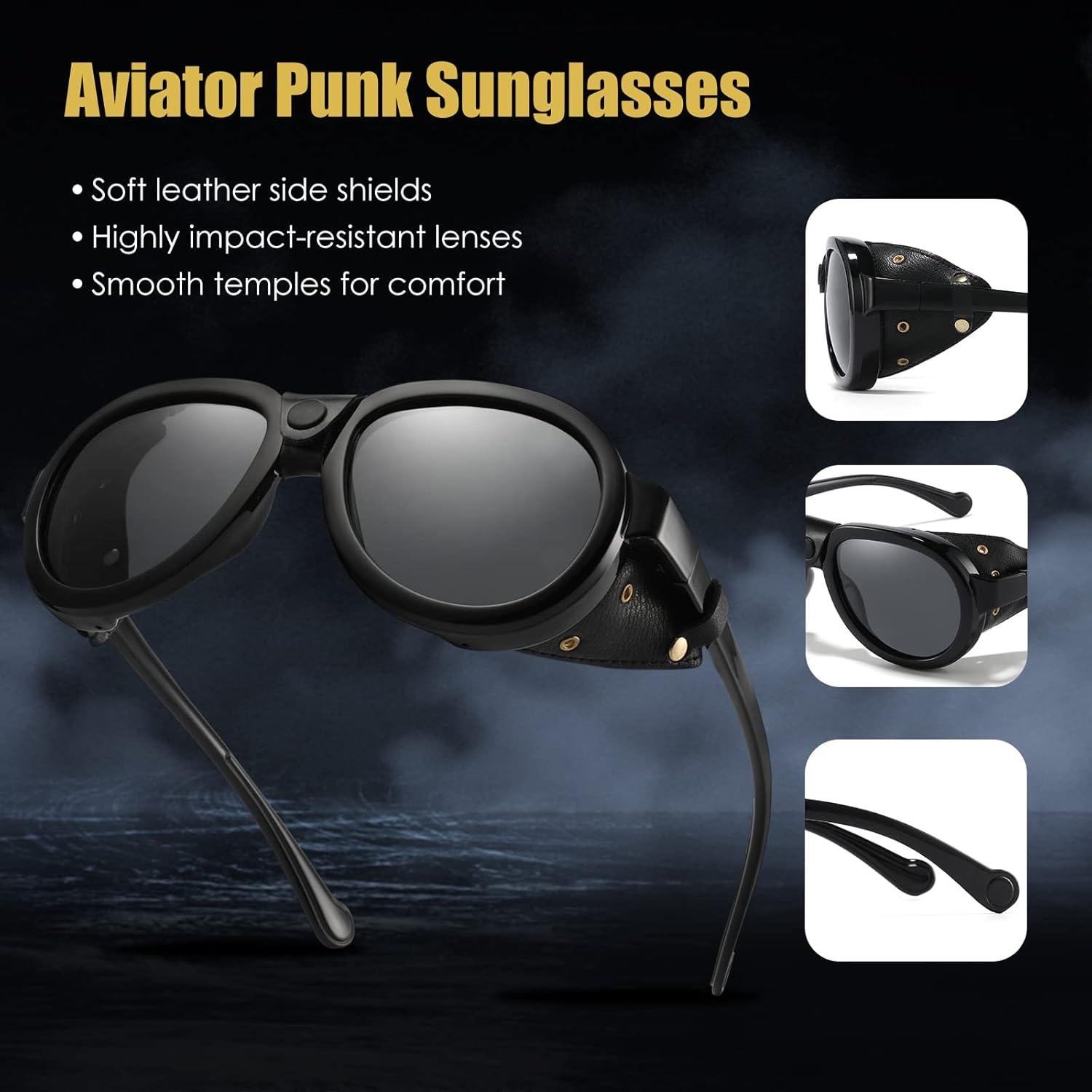 Gafas de sol retro aviador MACJERO con escudos de cuero