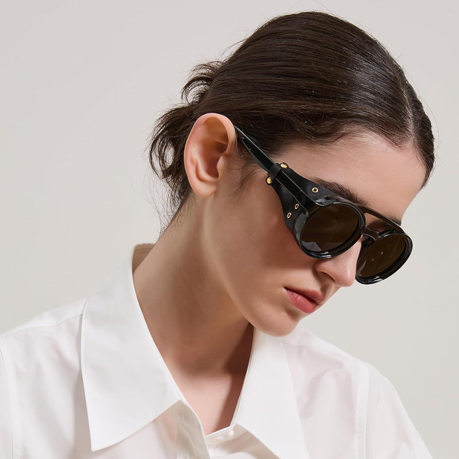 Gafas de sol steampunk MACJERO con escudos de cuero 48mm