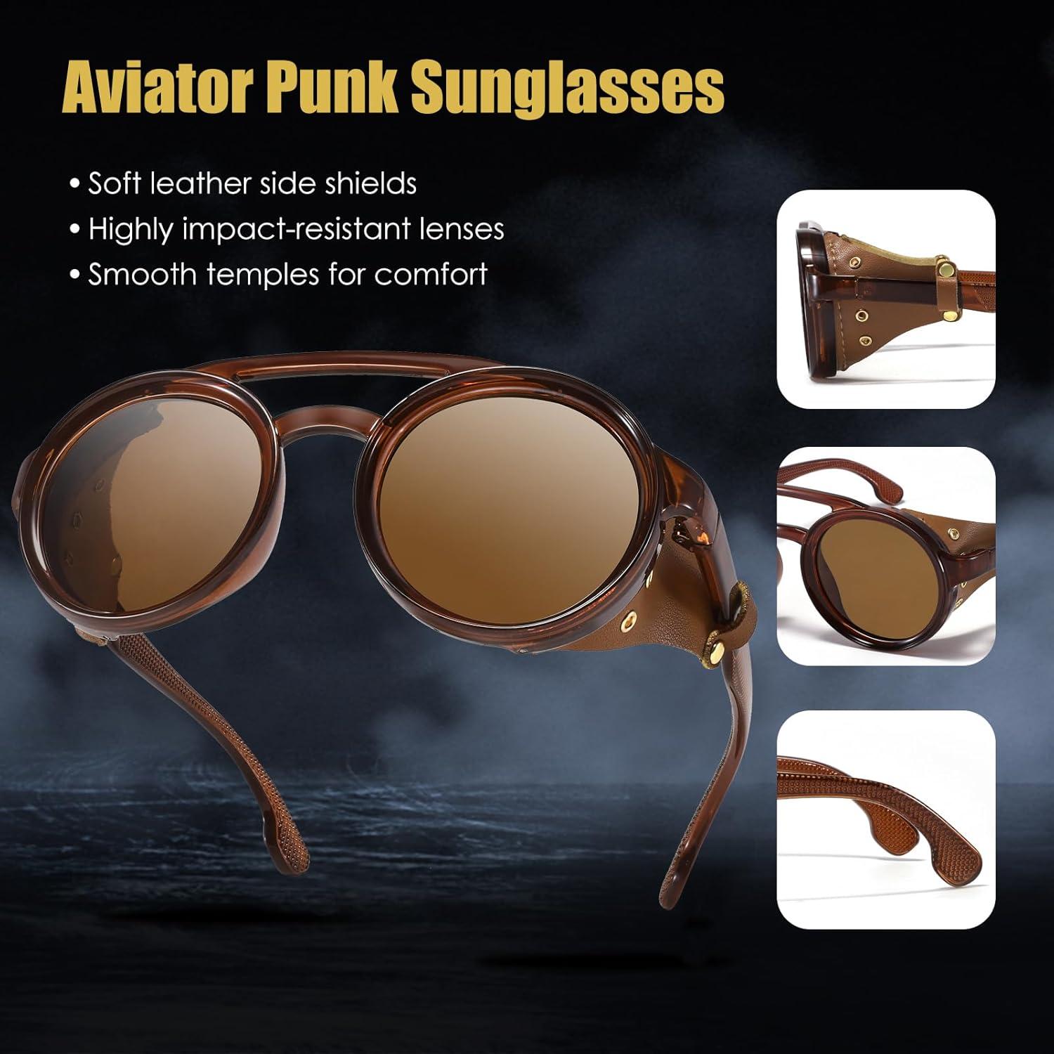 Gafas de sol steampunk MACJERO con escudos de cuero 48mm