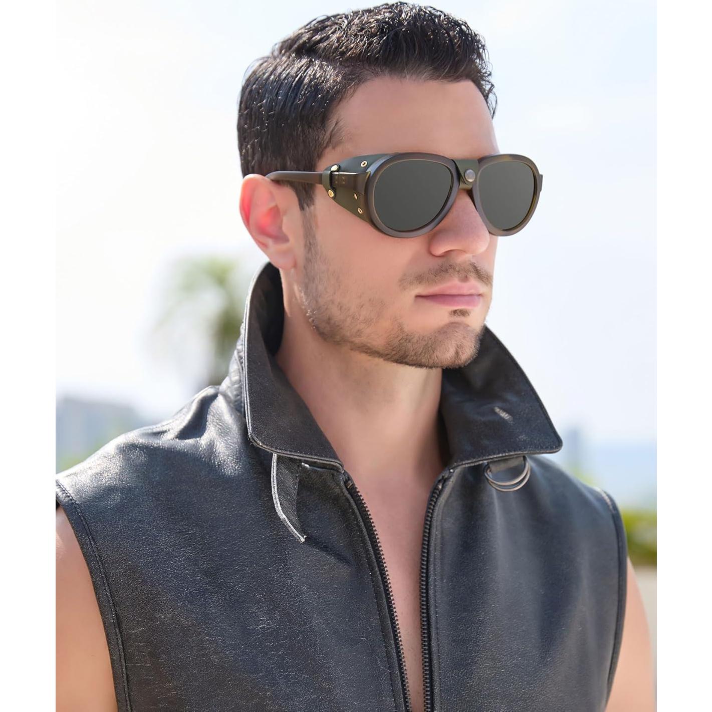 Gafas de sol retro steampunk MACJERO con escudos de cuero