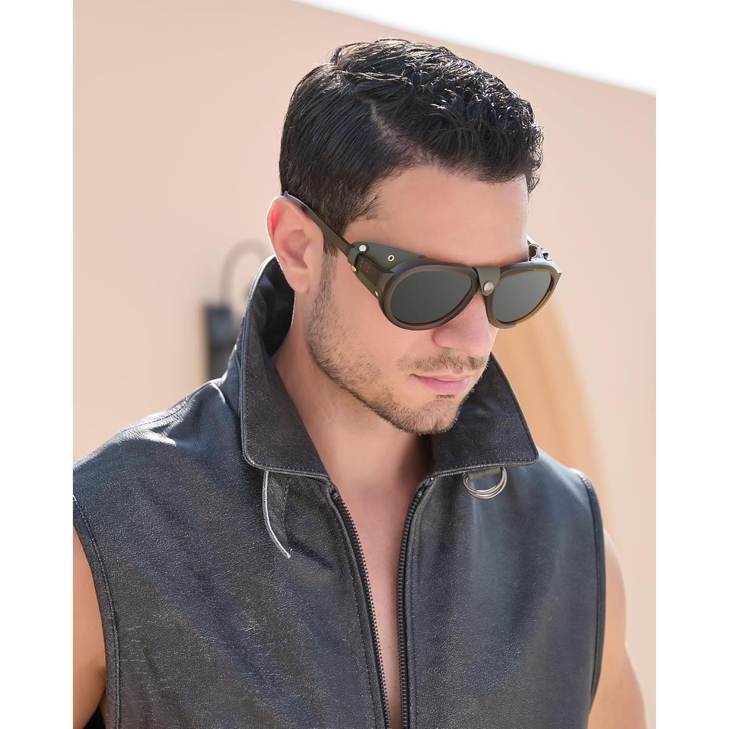 Gafas de sol retro steampunk MACJERO con escudos de cuero