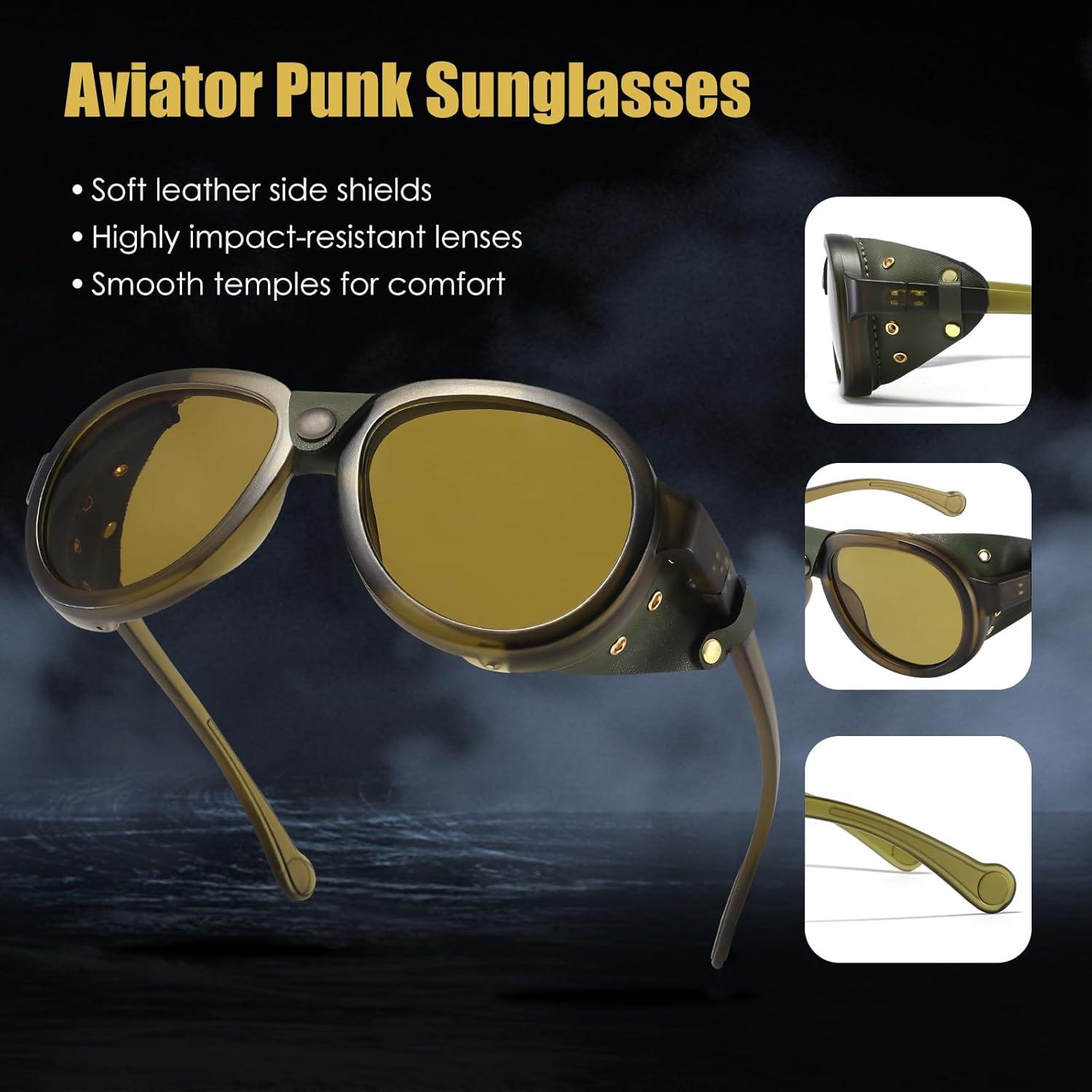 Gafas de sol retro steampunk MACJERO con escudos de cuero