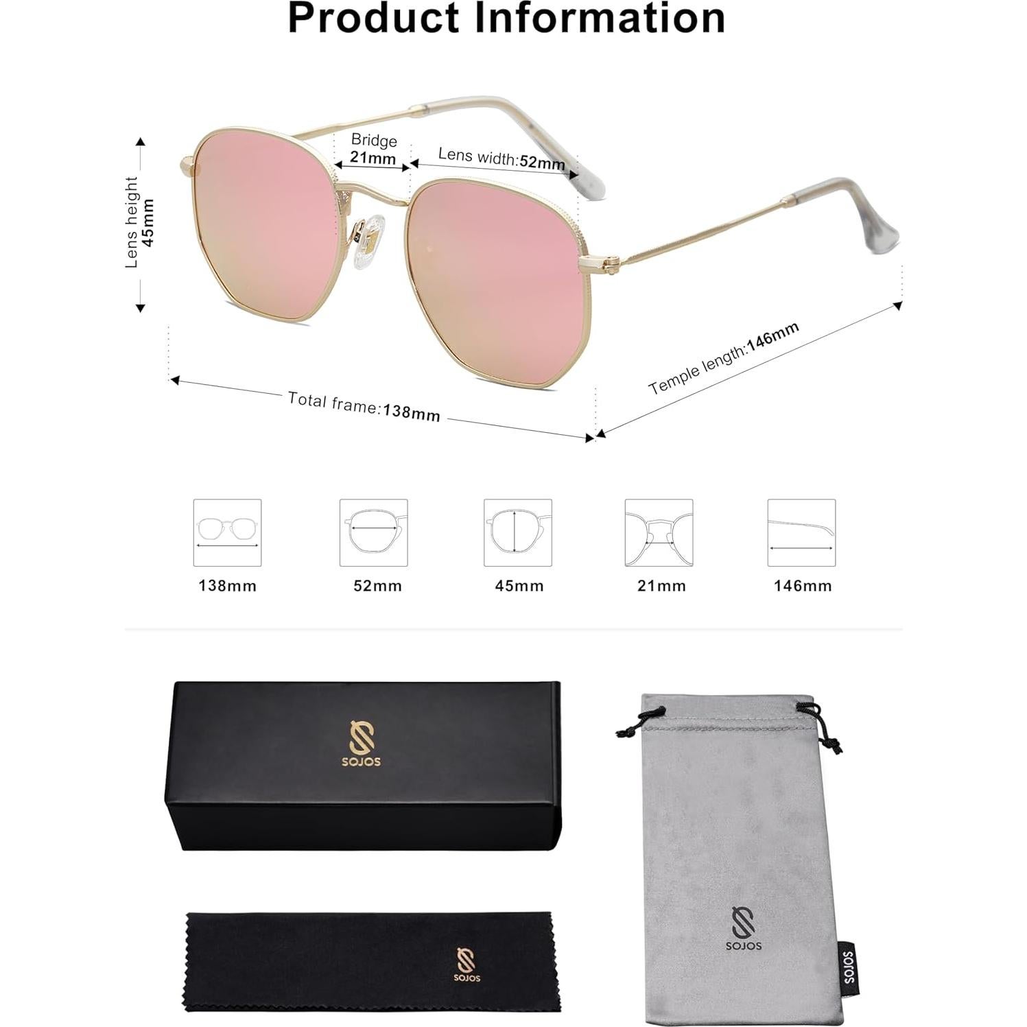 Gafas de sol polarizadas SOJOS SJ1072 hexagonales 52mm rosa