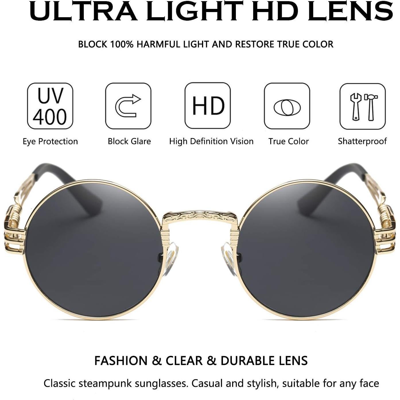 Gafas de sol redondas Dollger Steampunk con lentes UV