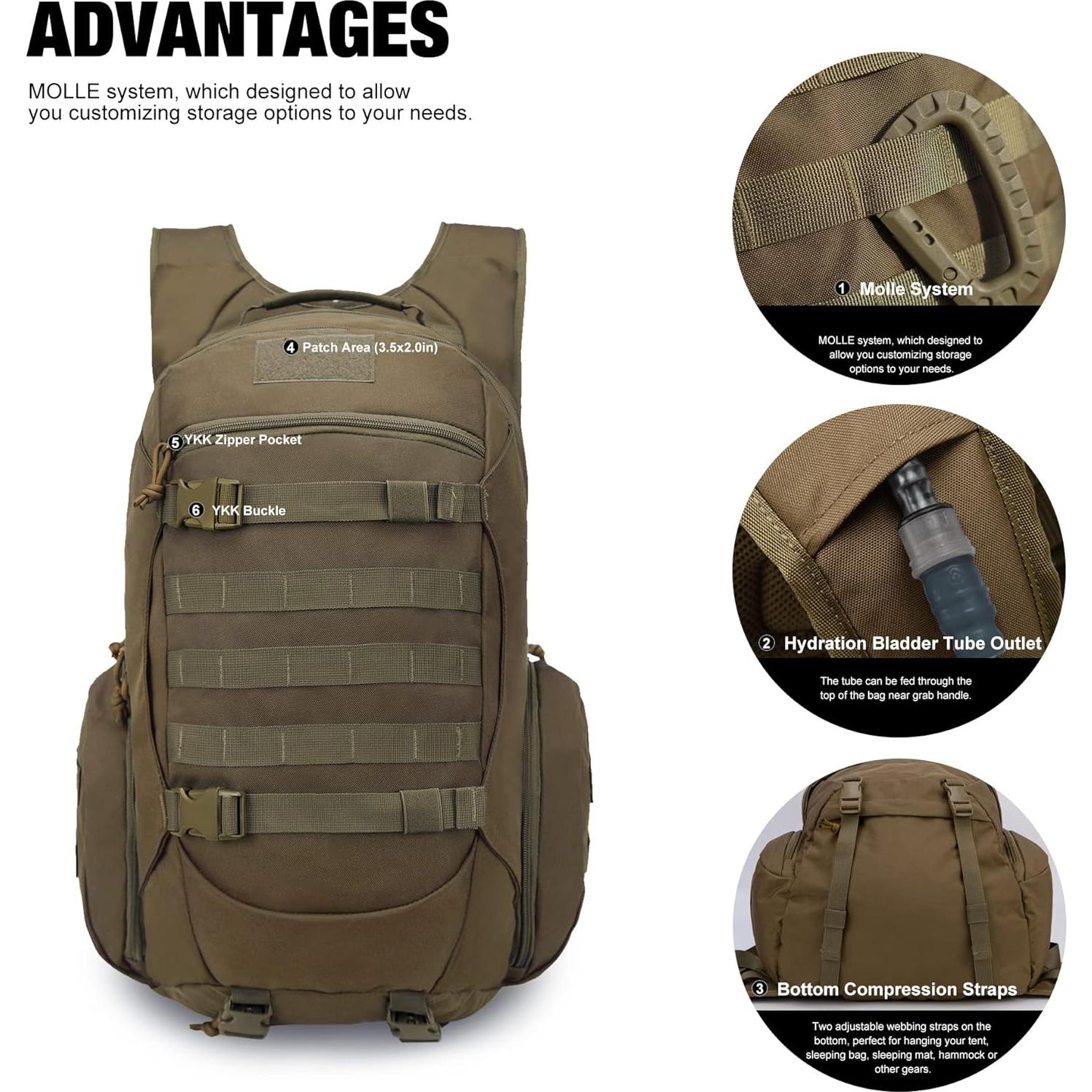 Mochila Táctica Mardingtop 35L para Senderismo Caqui