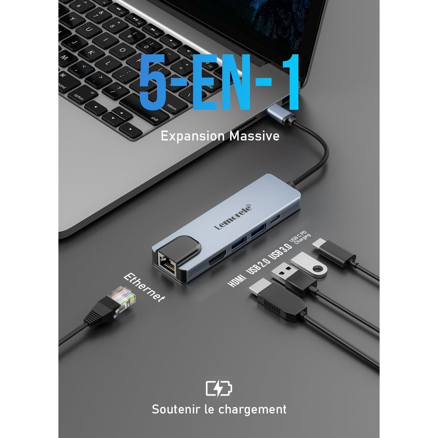 Hub USB C Lemorele 5-en-1 con HDMI 4K y Ethernet