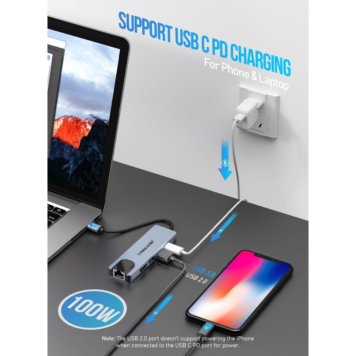 Hub USB C Lemorele 5-en-1 con HDMI 4K y Ethernet