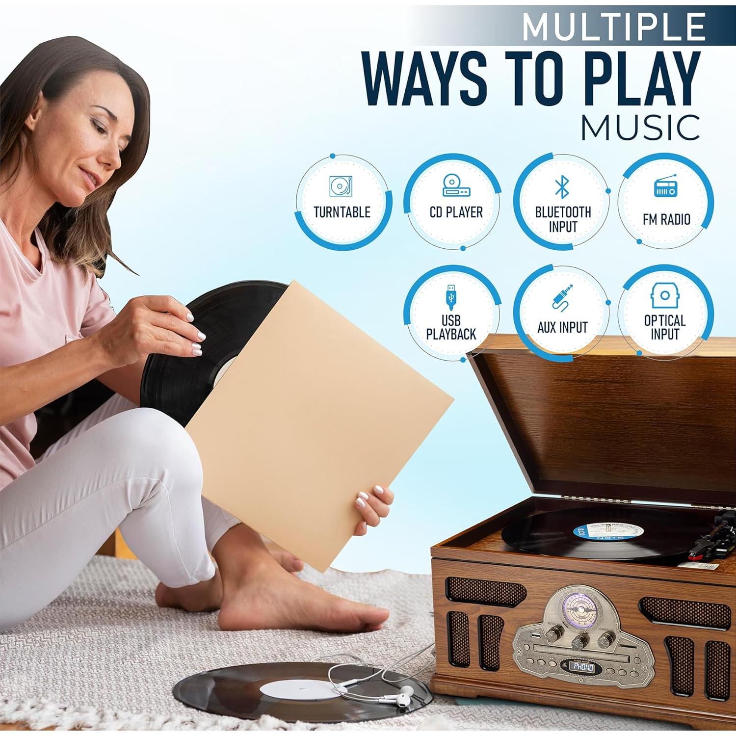 Tocadiscos SoundBeast 6-en-1 Bluetooth CD Radio Madera