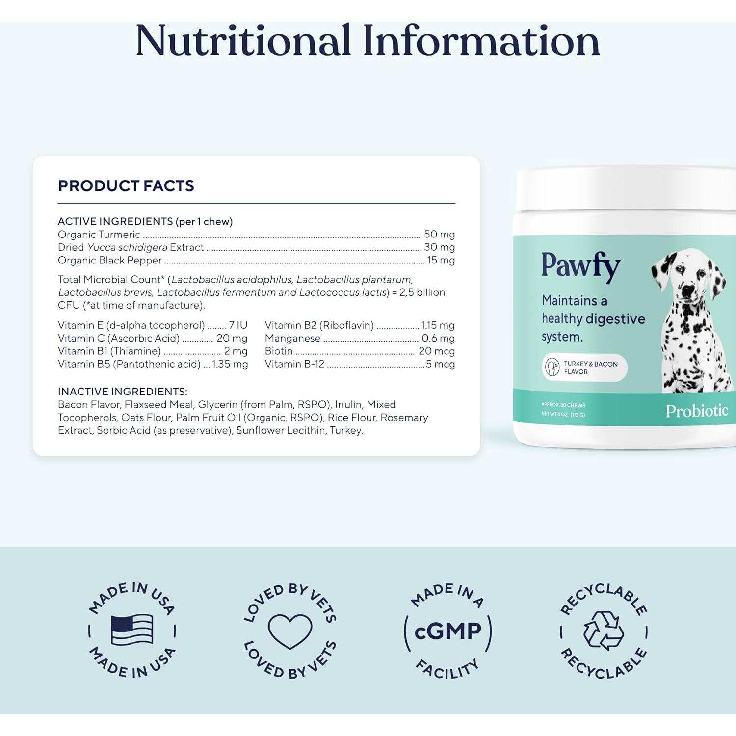 Probioticos Pawfy para Perros 30 Masticables Sabor Bacón