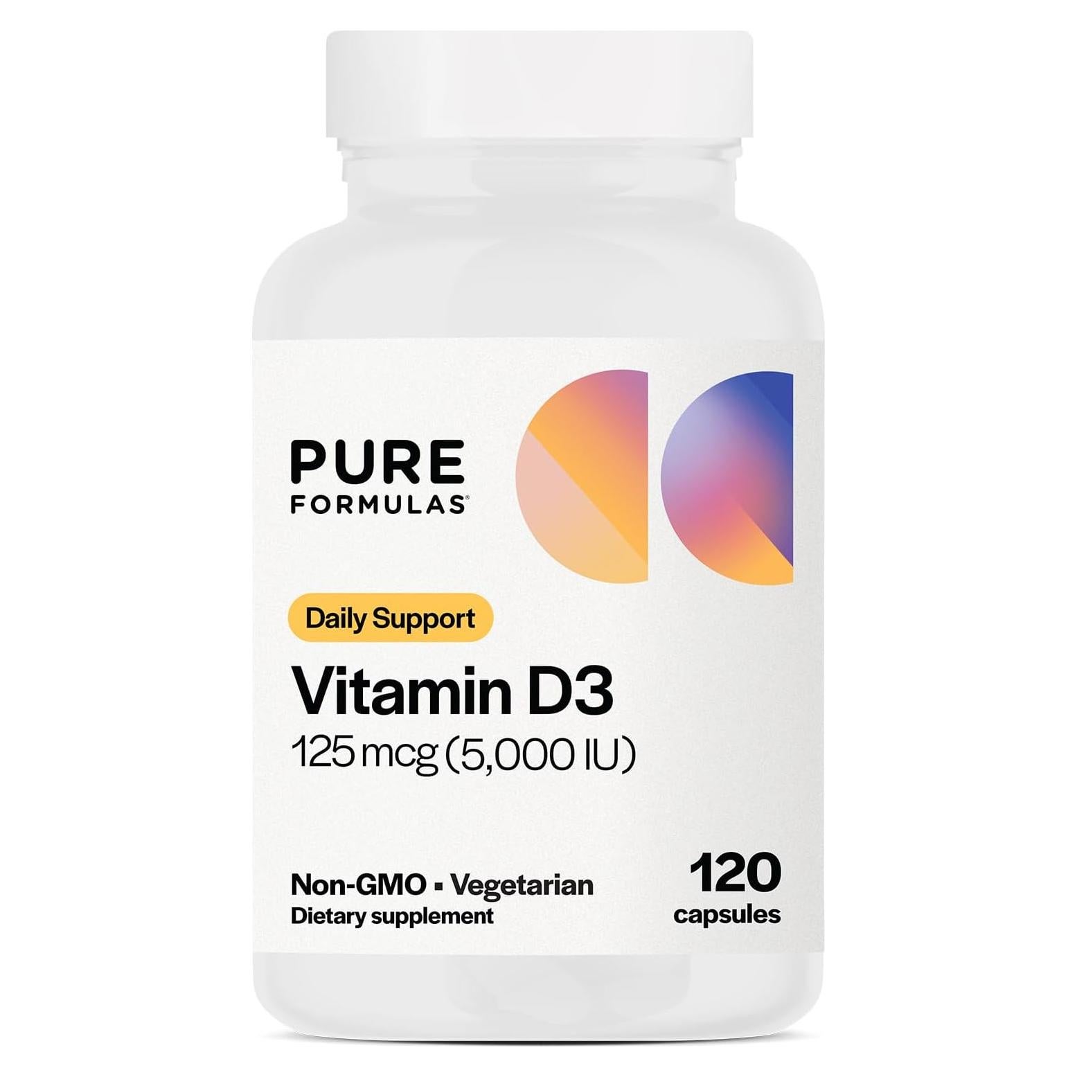Suplemento de Vitamina D3 5000 UI PureFormulas 120 Cápsulas Vegetarianas