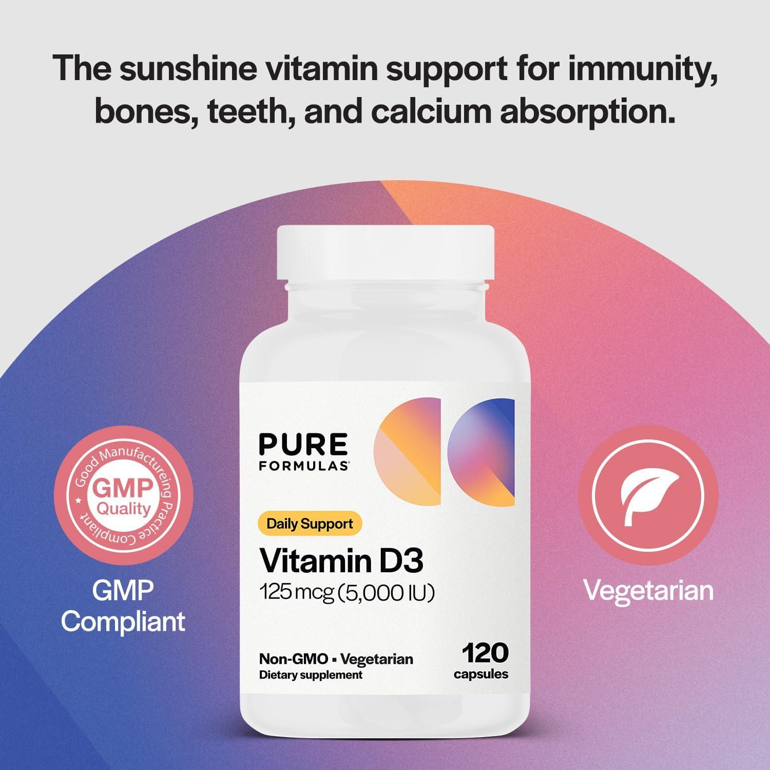 Suplemento de Vitamina D3 5000 UI PureFormulas 120 Cápsulas Vegetarianas