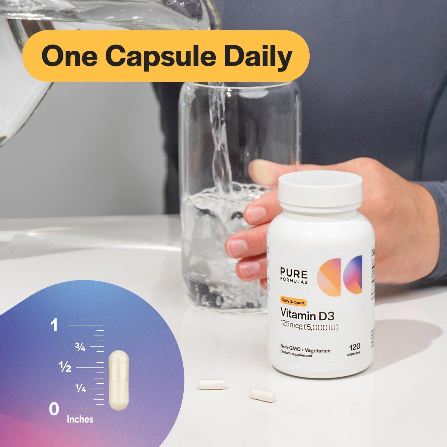 Suplemento de Vitamina D3 5000 UI PureFormulas 120 Cápsulas Vegetarianas