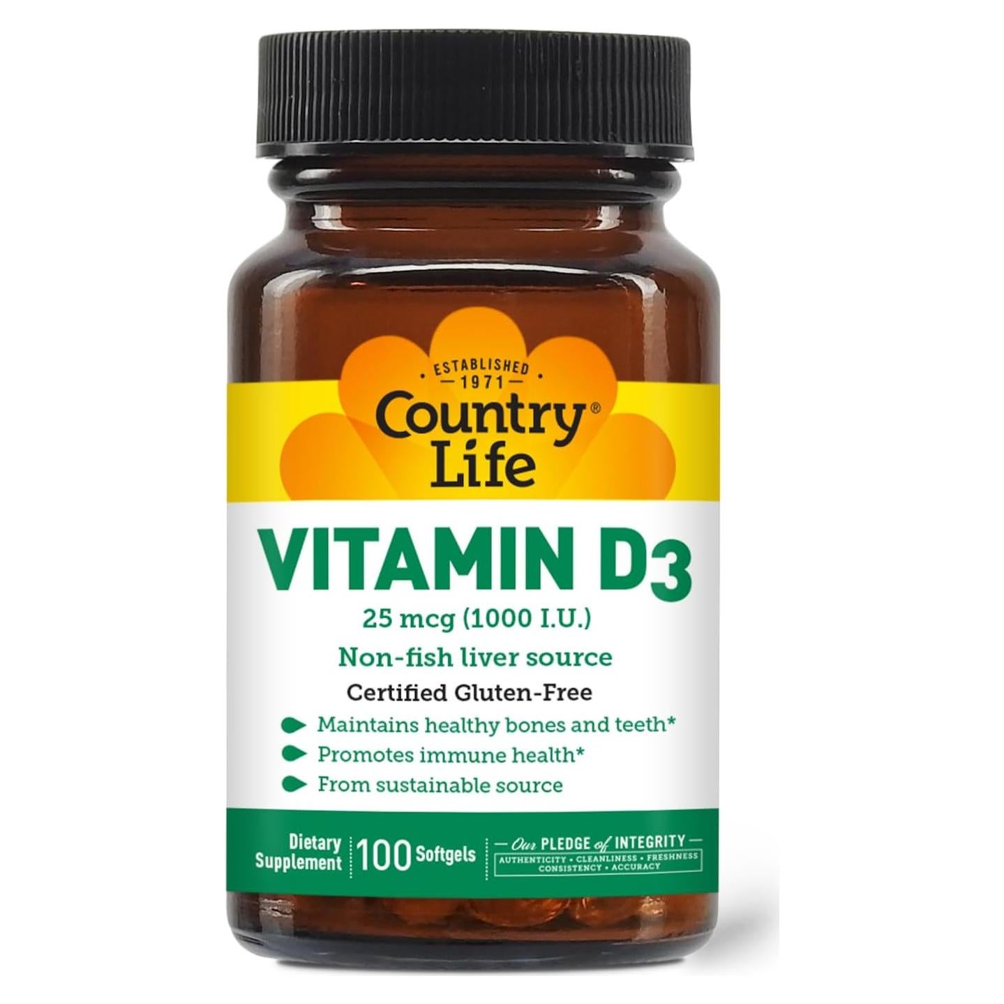 Vitamina D3 1000 UI Country Life 100 Gelatinas Blandas Sin Gluten