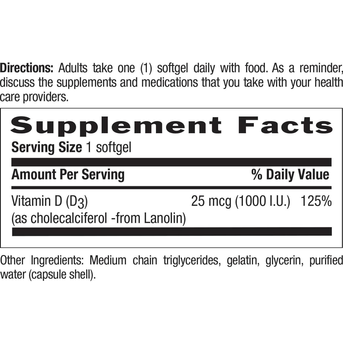 Vitamina D3 1000 UI Country Life 100 Gelatinas Blandas Sin Gluten