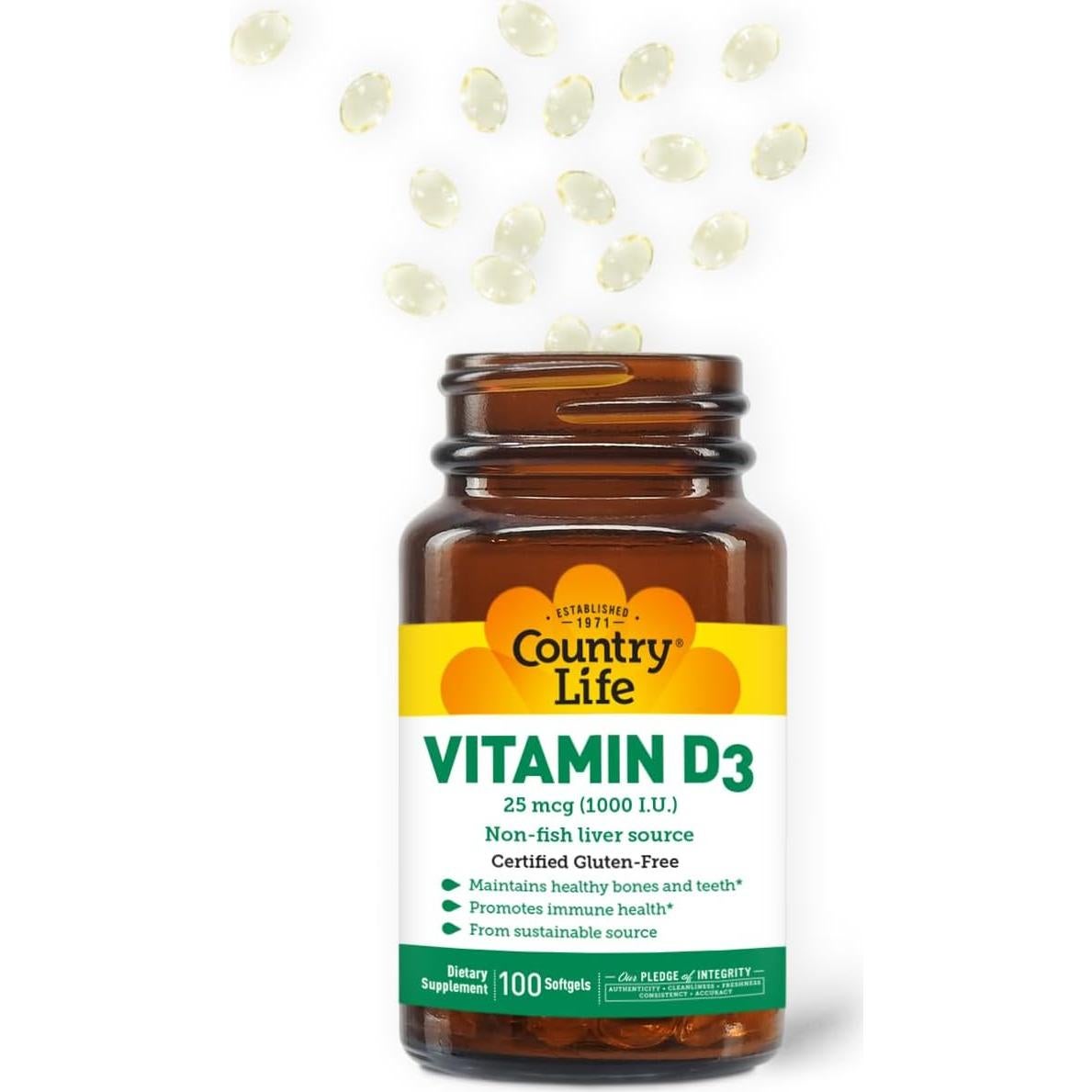 Vitamina D3 1000 UI Country Life 100 Gelatinas Blandas Sin Gluten