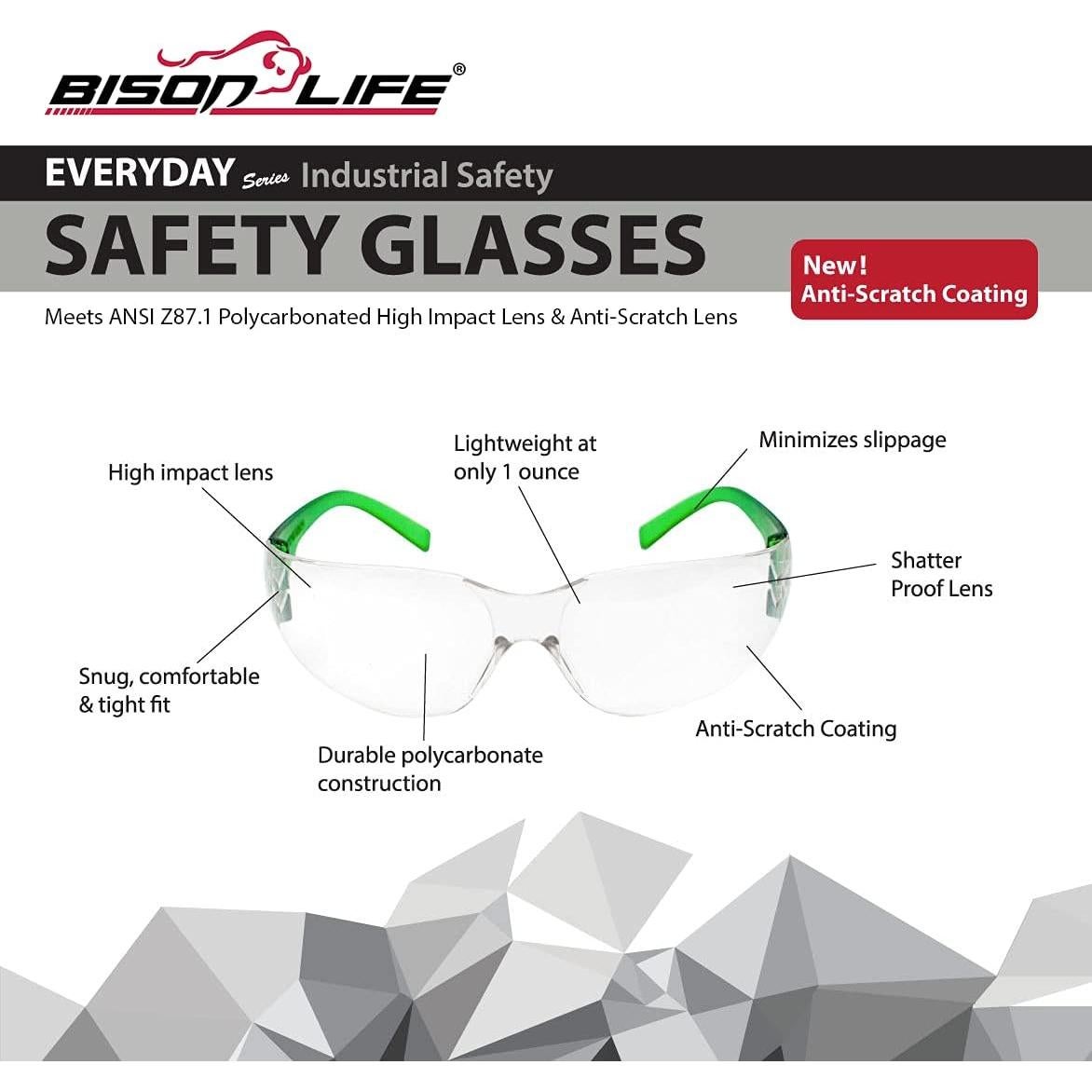 Gafas de Seguridad BISON LIFE - Lente Clara y Patillas Verdes