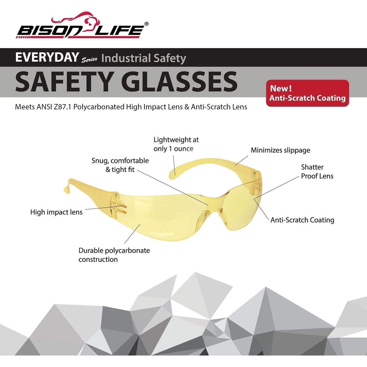Gafas de Seguridad BISON LIFE - 12 Pares Amarillo Antirrayaduras