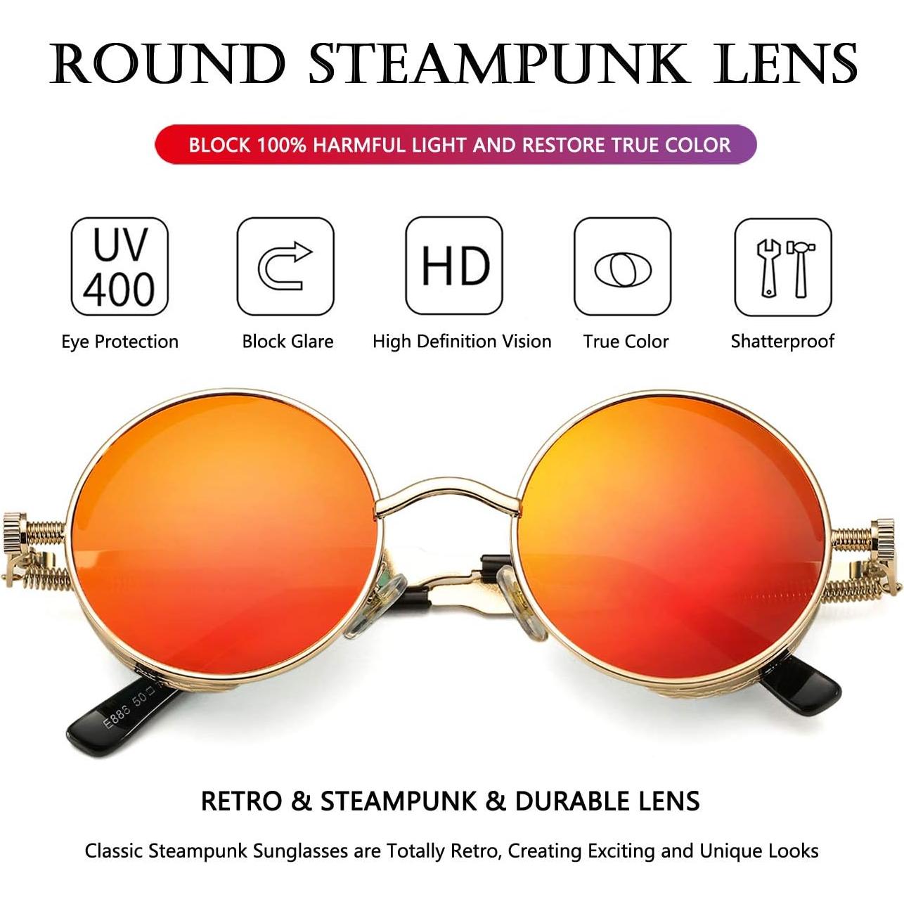 Gafas de sol redondas AIEYEZO steampunk doradas 48mm UV