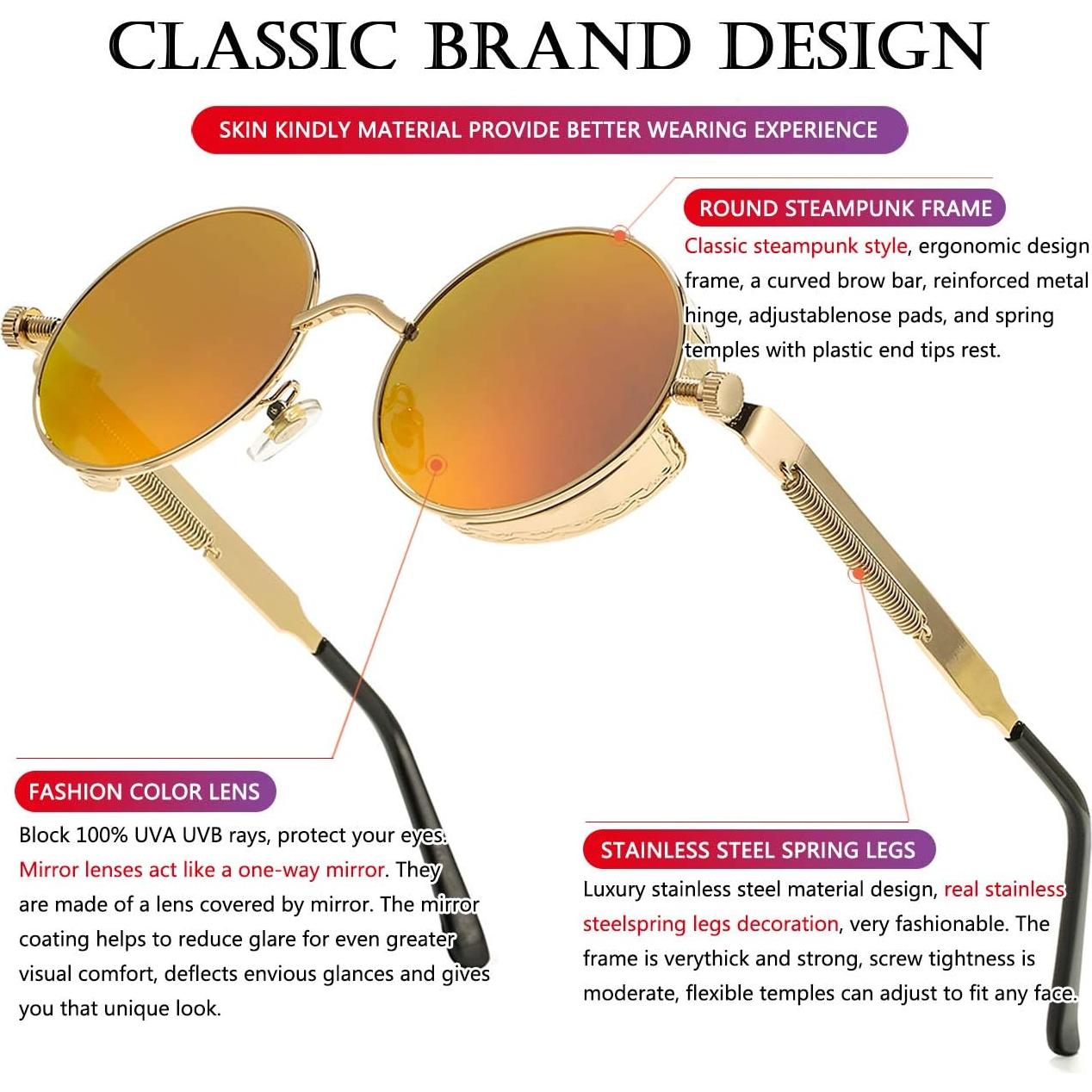 Gafas de sol redondas AIEYEZO steampunk doradas 48mm UV
