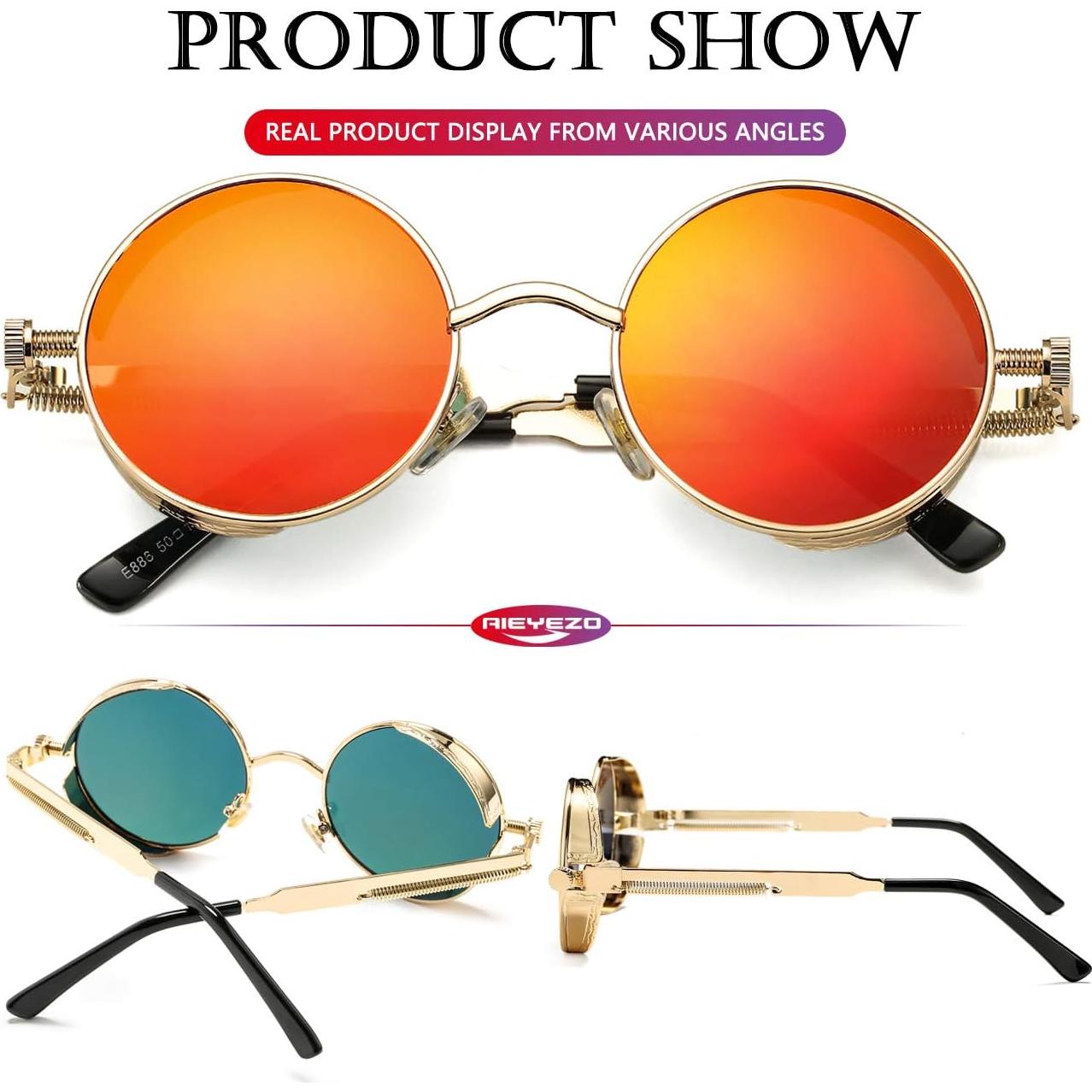 Gafas de sol redondas AIEYEZO steampunk doradas 48mm UV